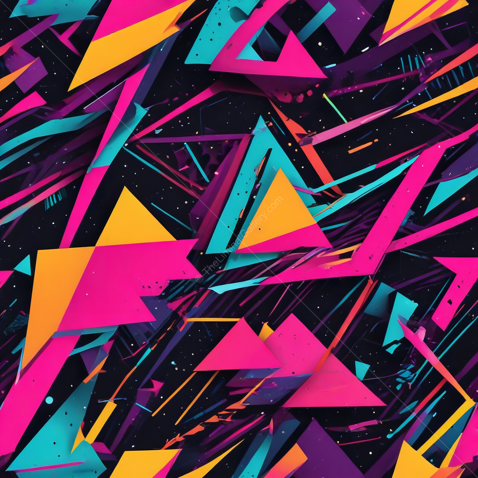 Vibrant 80s geometric shapes blend in a riot of color against a dark backdrop