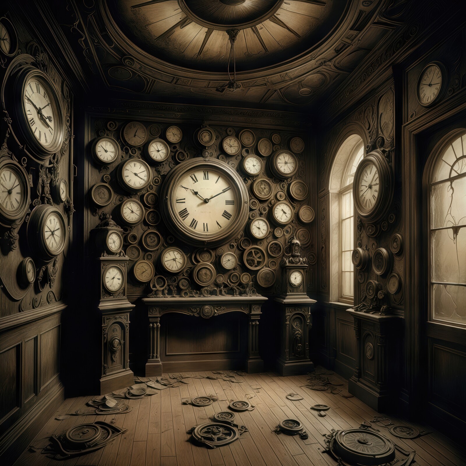 Intricate clocks adorn an abandoned room, revealing the passage of time and forgotten memories