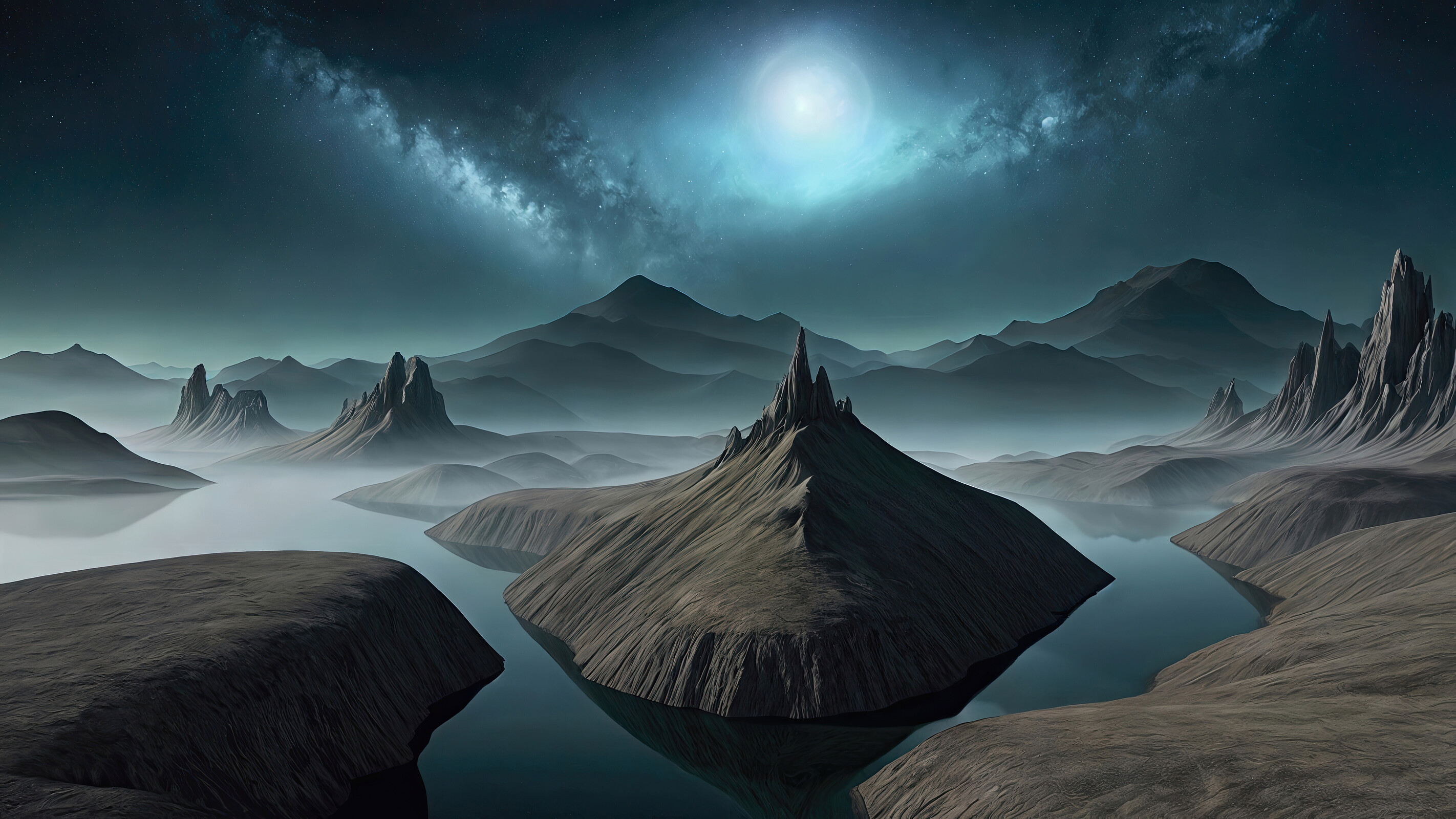 Mysterious sci-fi alien landscapes under a glowing moon cast an enchanting aura at twilight