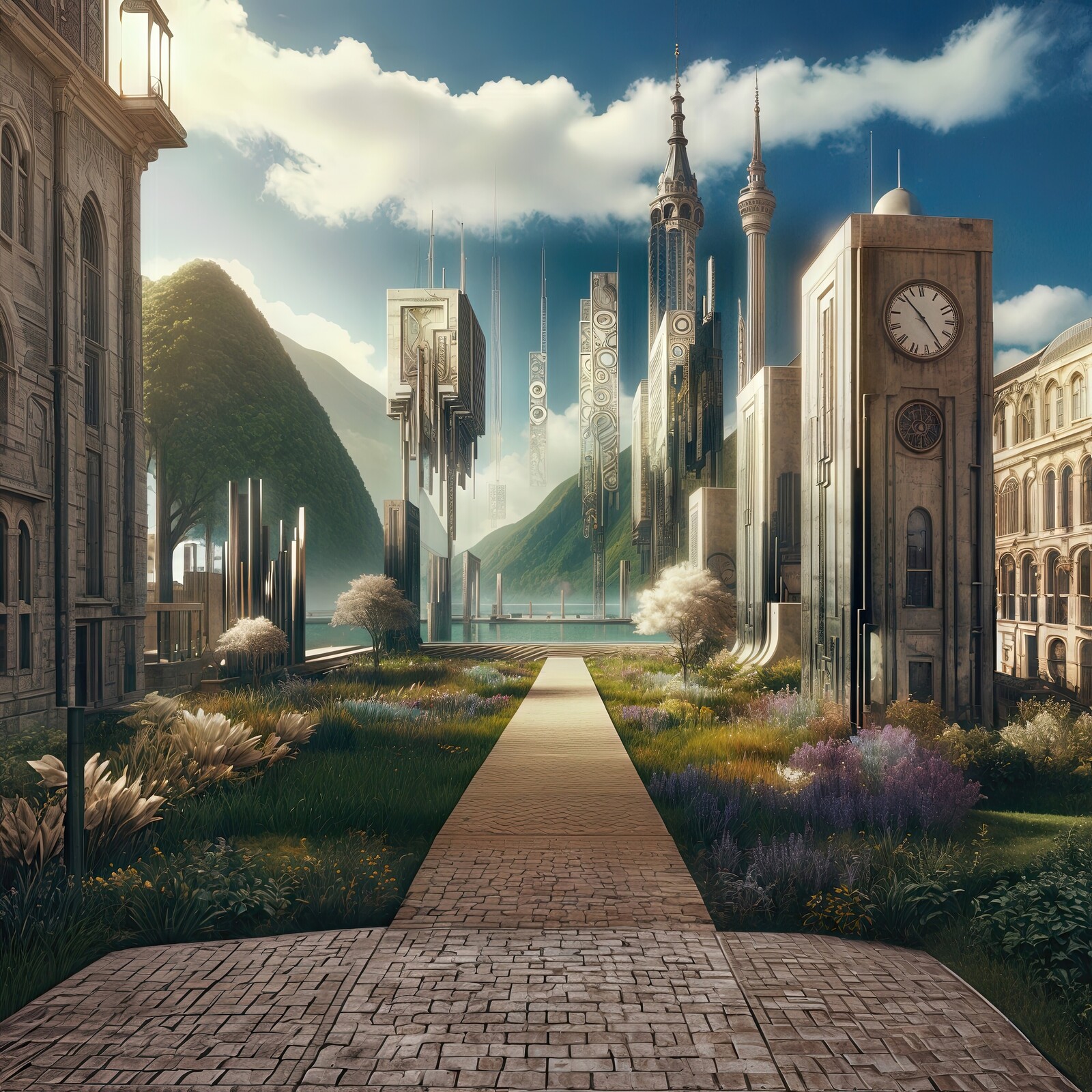 Ancient architecture meets surreal floating towers in a vibrant landscape at dawn