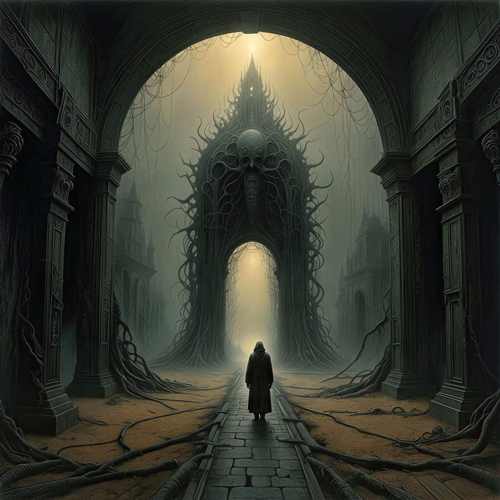 Mysterious gothic figure walks through ancient archway into the unknown, illuminated by haunting light at twilight