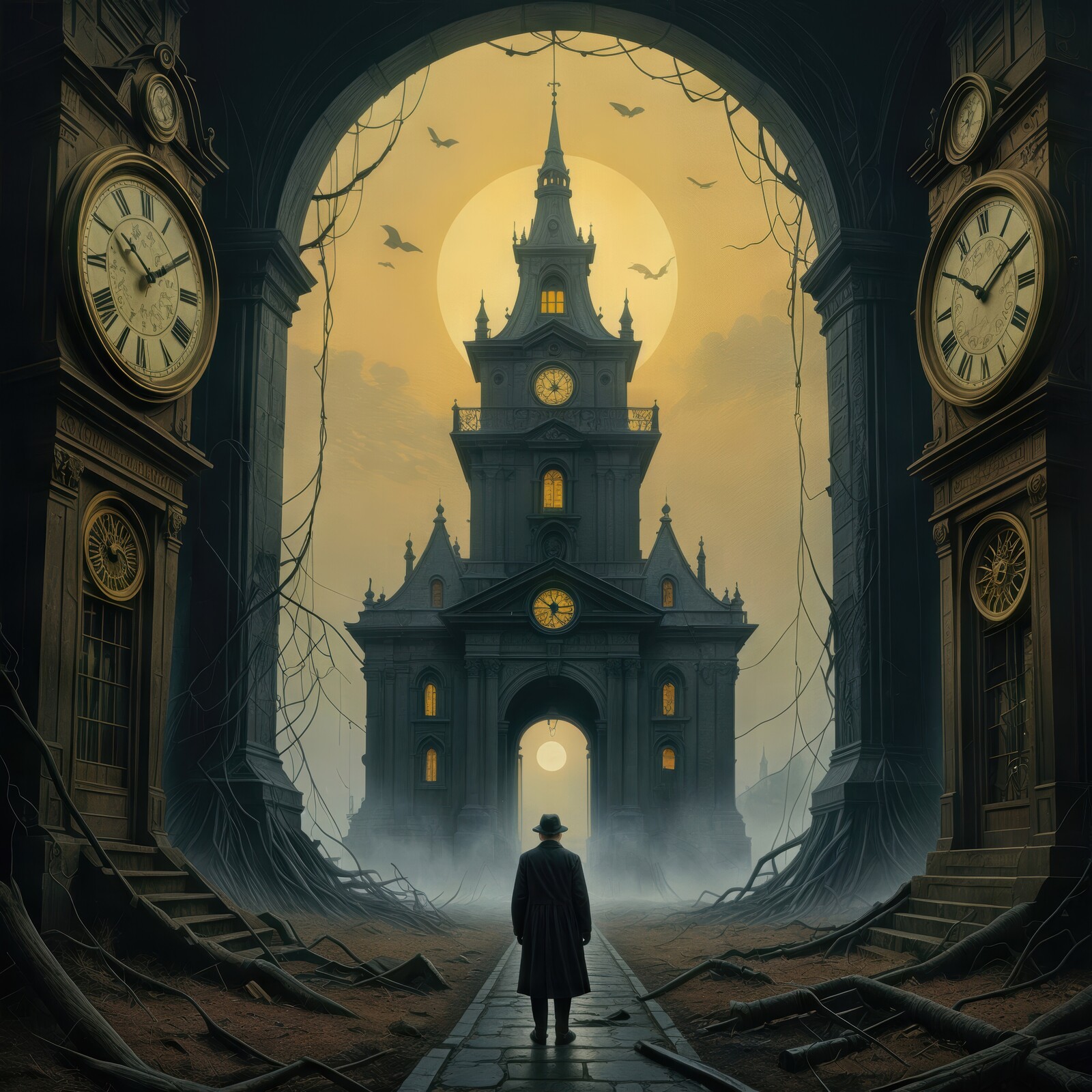 Mysterious gothic figure stands before an ancient clock tower under a full moon at twilight
