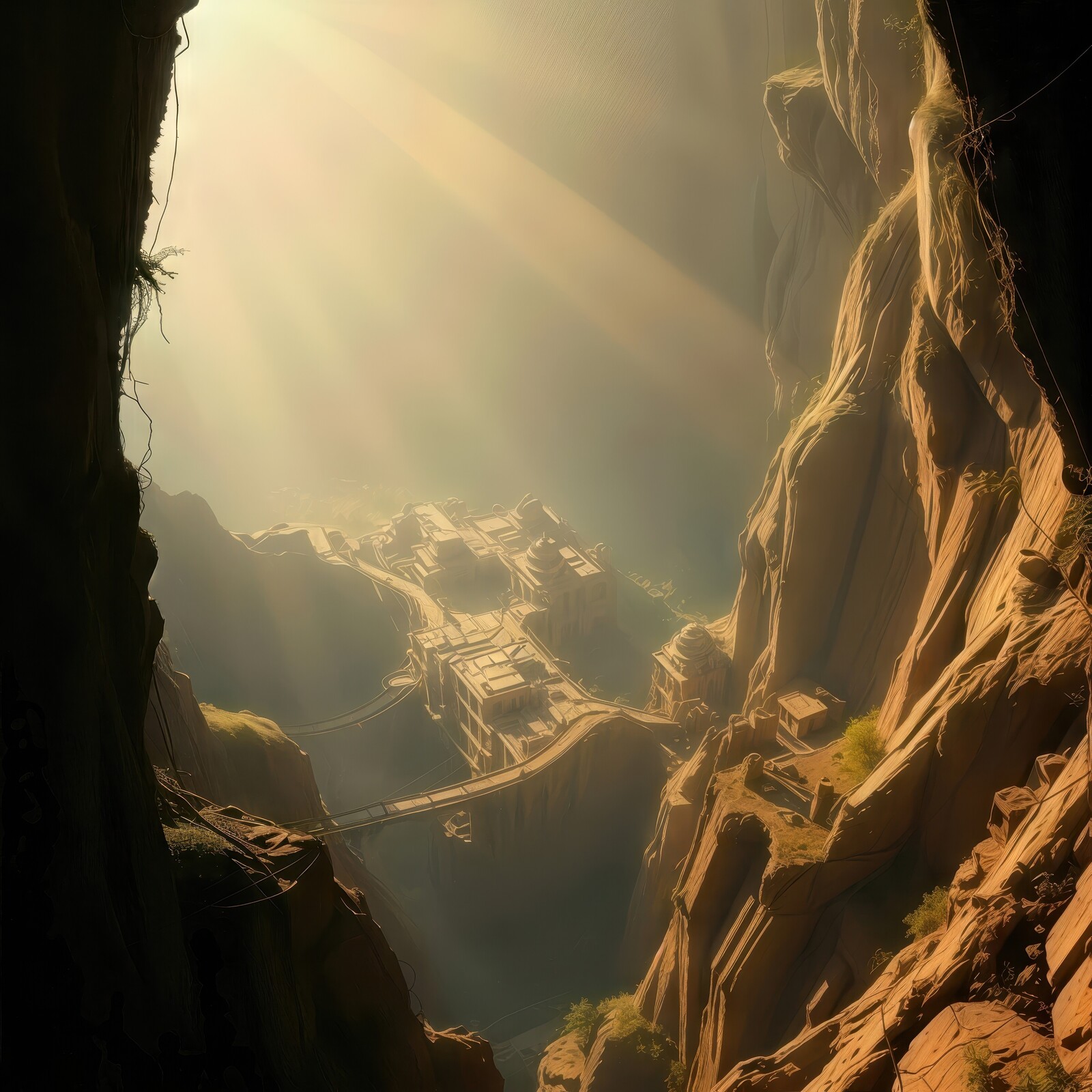 Ancient ruins bathed in golden sunlight within a majestic canyon landscape