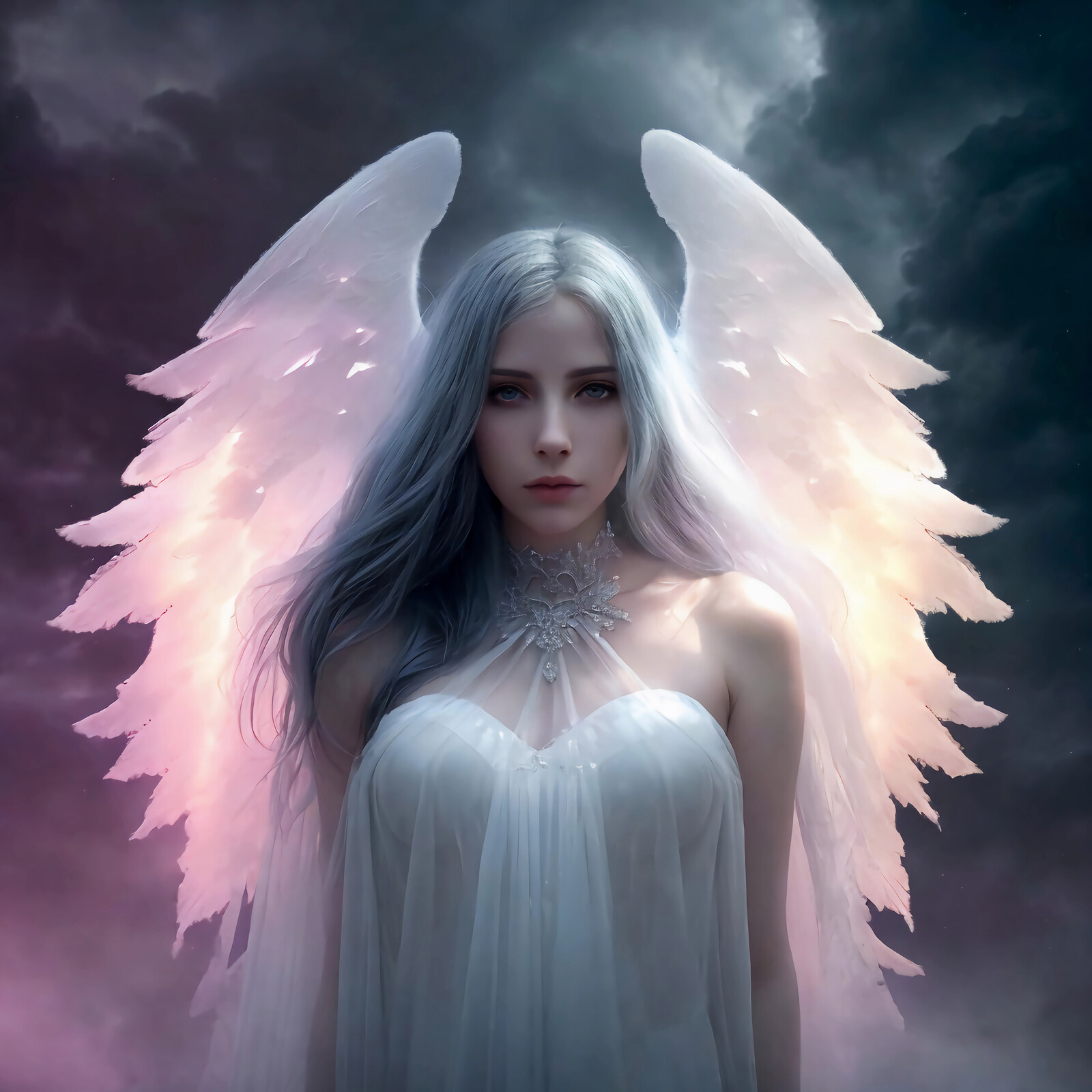 Ethereal angelic woman stands amidst swirling clouds at twilight glowing with soft hues of pink and violet