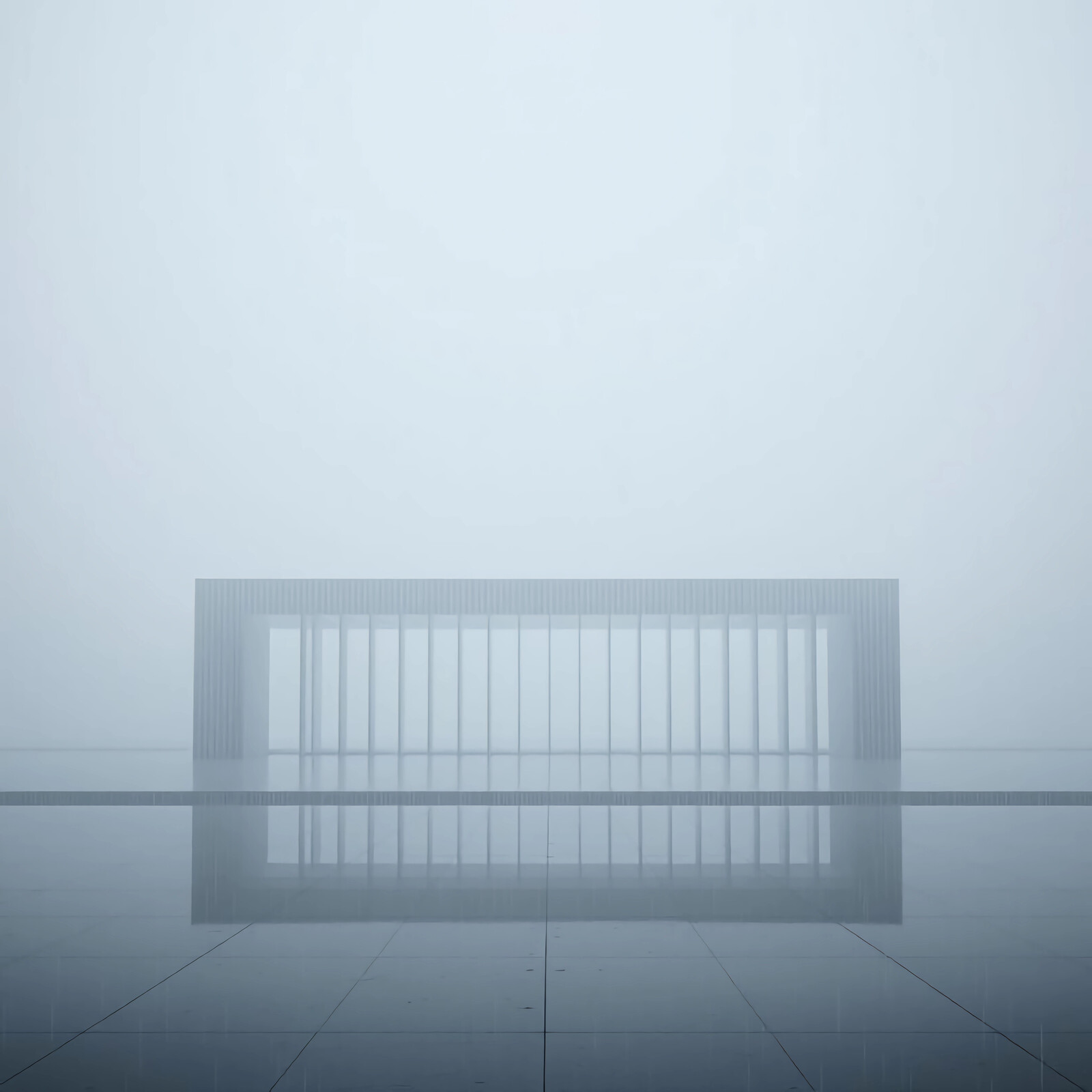 Mysterious liminal architectural structure rises from reflective waters shrouded in morning fog