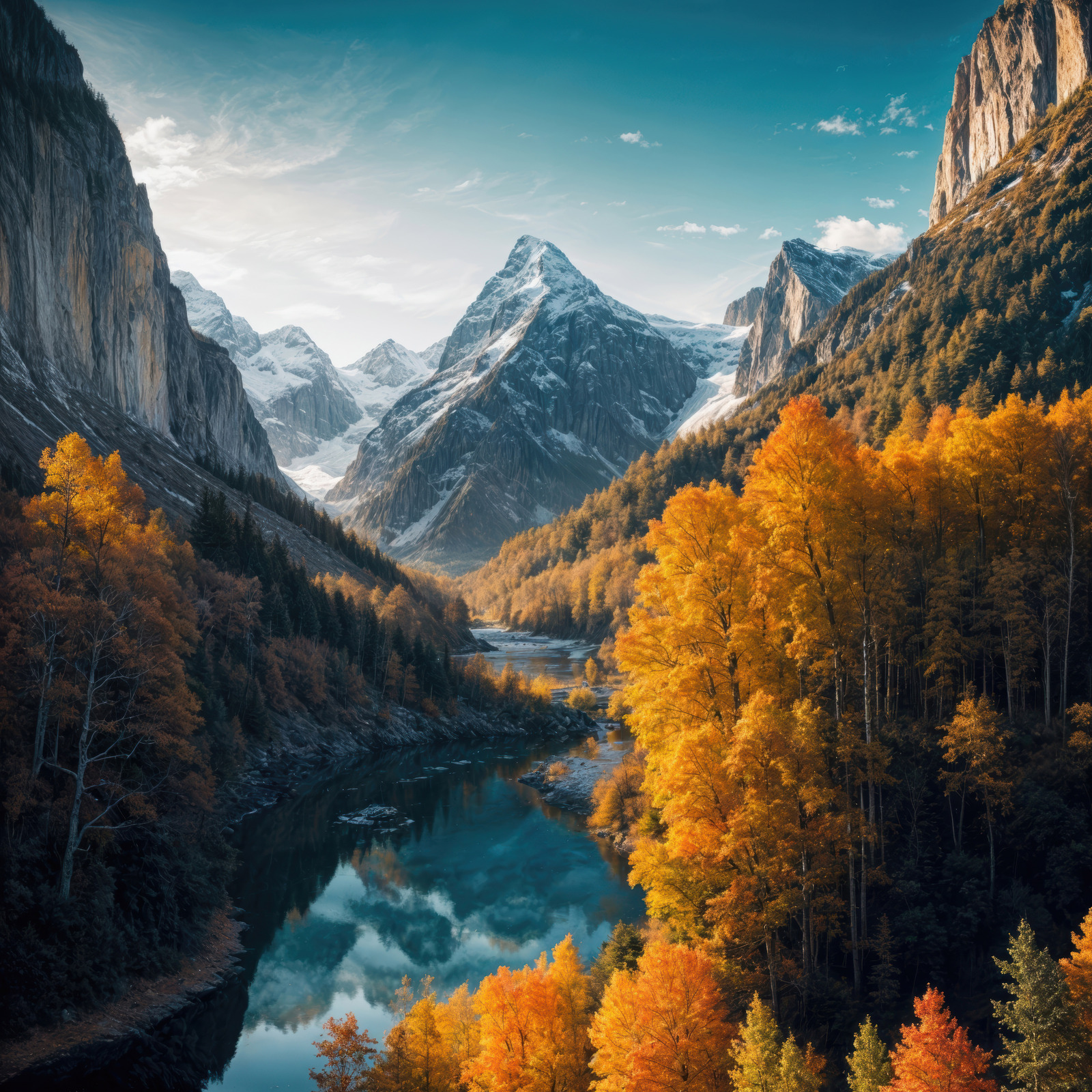 Stunning autumn landscape reflecting warm hues in a tranquil mountain valley