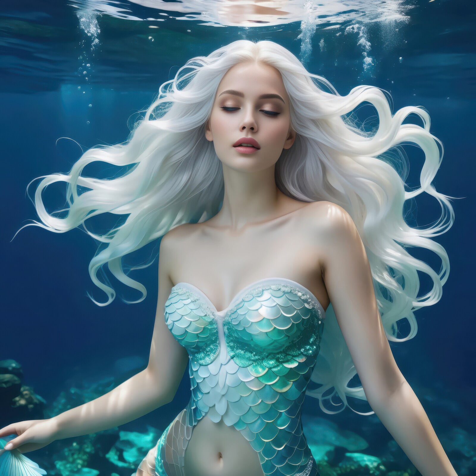 Underwater enchantment unfolds as a mermaid gracefully swims through tranquil blue waters
