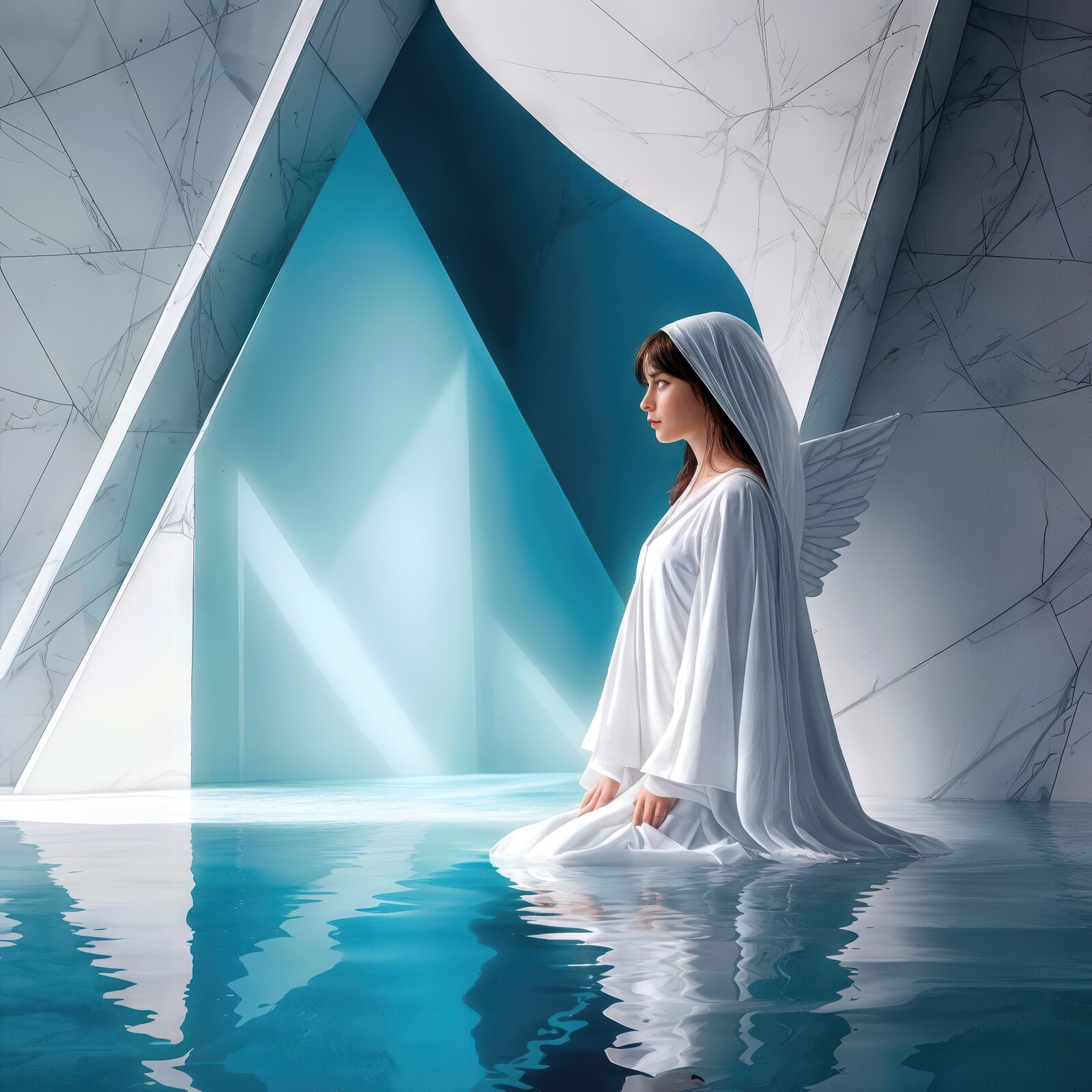 Ethereal angel in white robes with serene expression kneeling in tranquil water among modern architectural elements