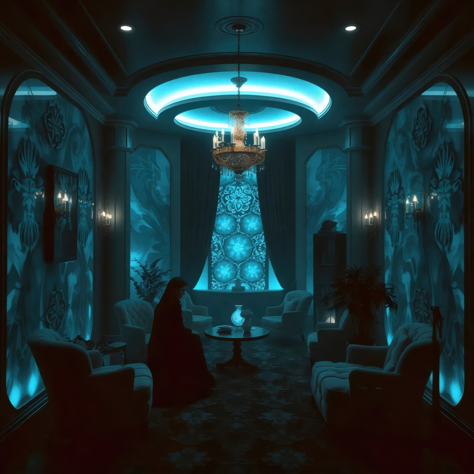 Elegant room illuminated by blue tones with a silhouette enjoying a quiet moment of reflection in the evening