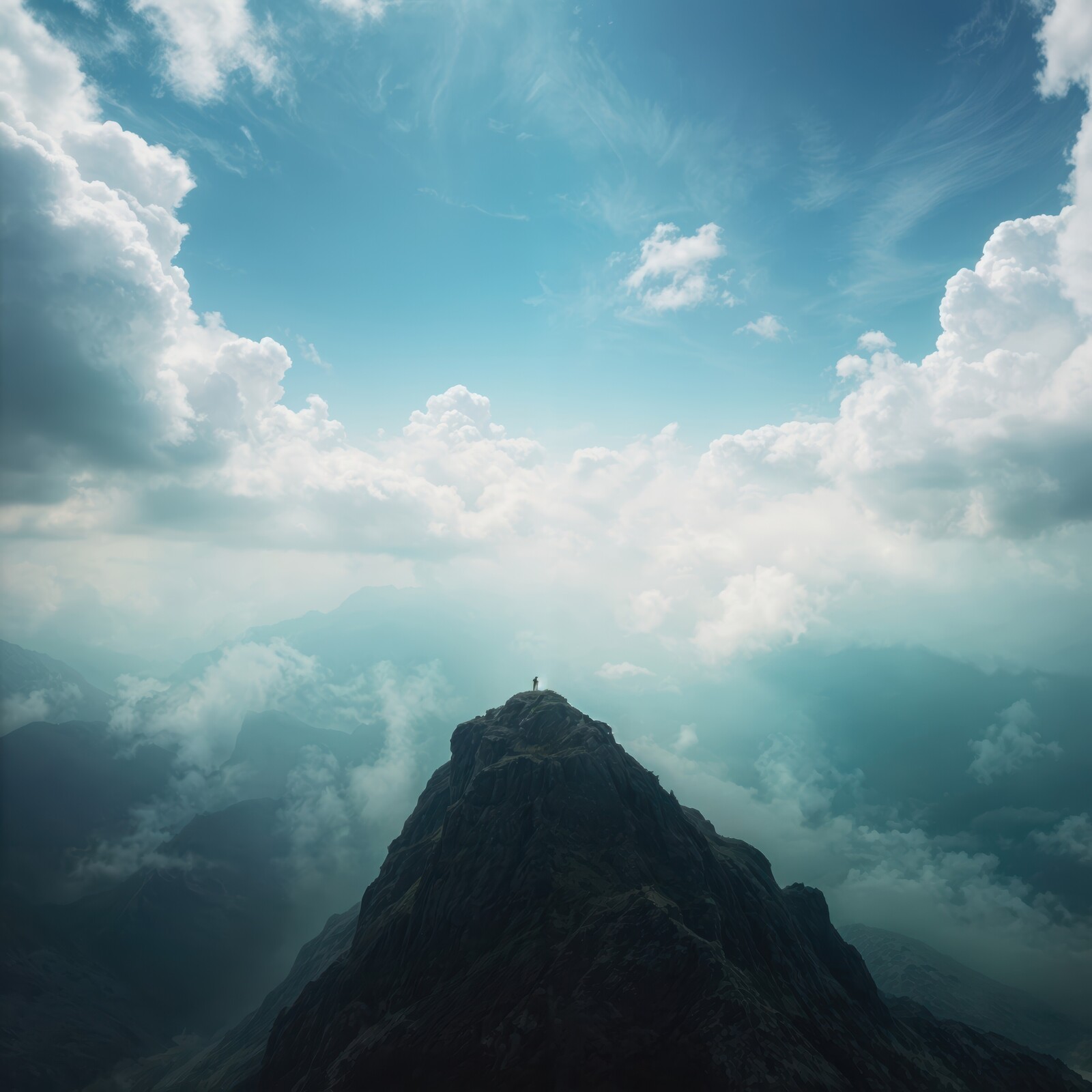 Breathtaking view from the summit at sunrise with a lone figure against magnificent clouds