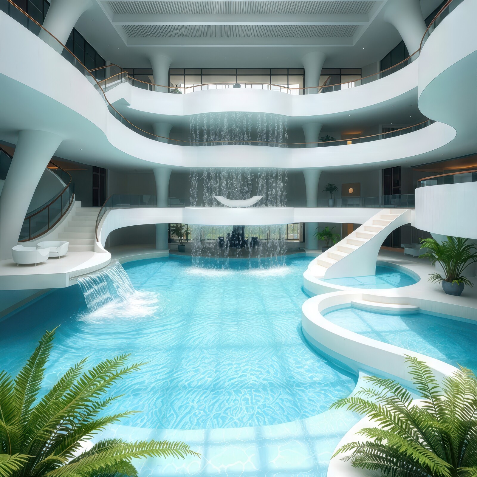 Luxurious indoor pool setting featuring cascading waterfalls and elegant architecture in a modern retreat