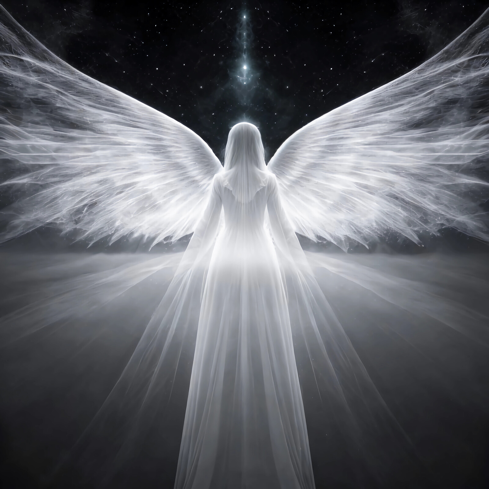 Celestial being with ethereal wings gazes into the infinite cosmos at twilight