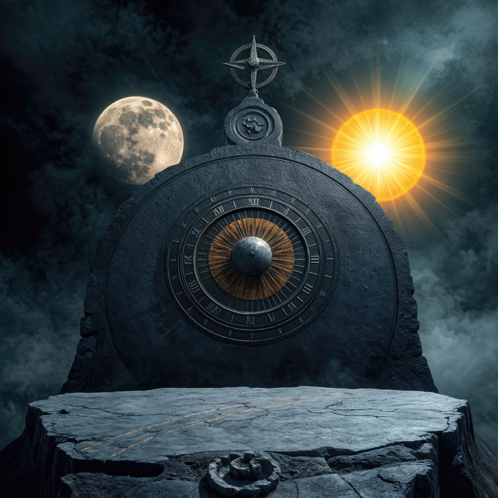 Celestial compass marking time amidst the dance of day and night in a mystical landscape
