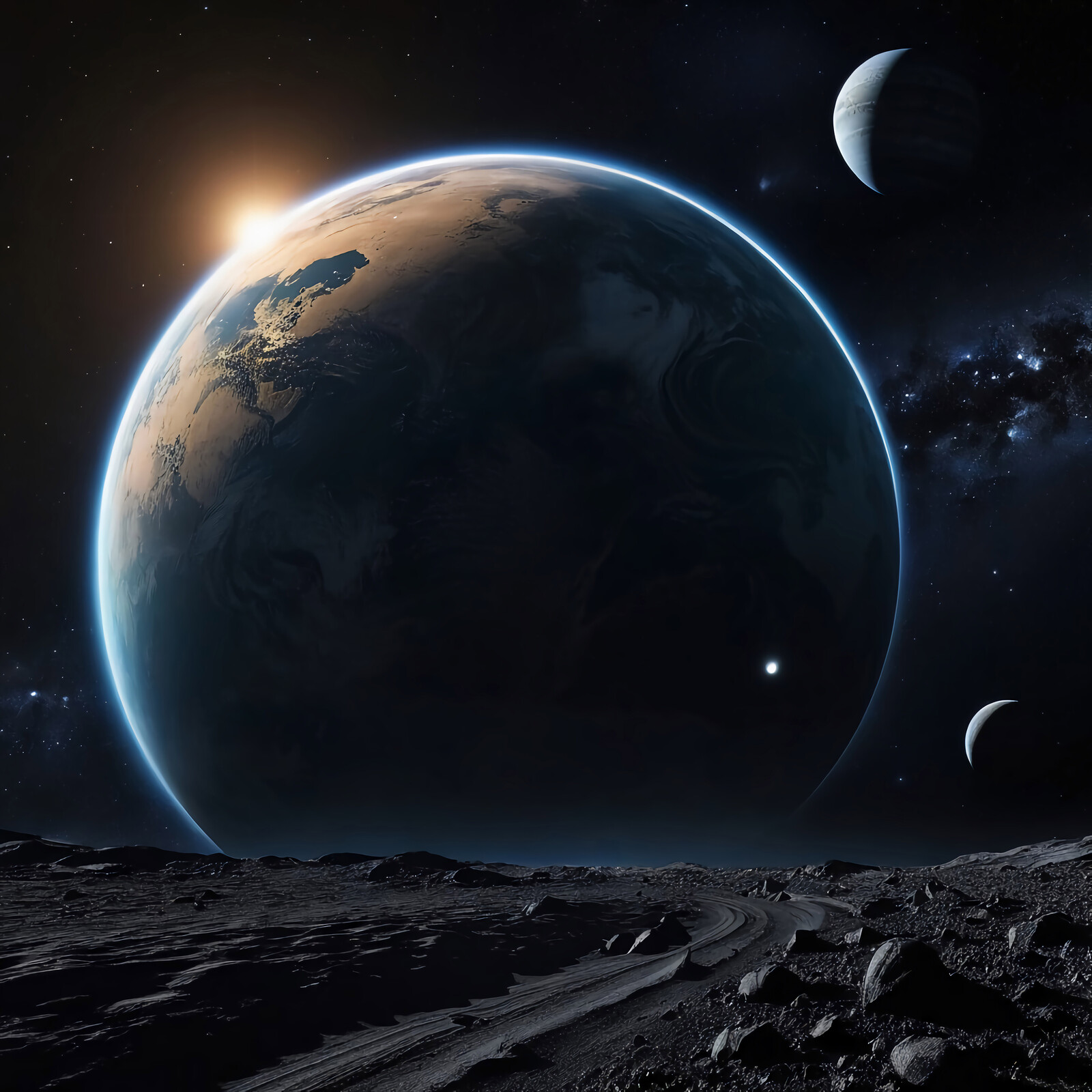 Celestial panorama featuring a distant planet in a magnificent cosmic landscape