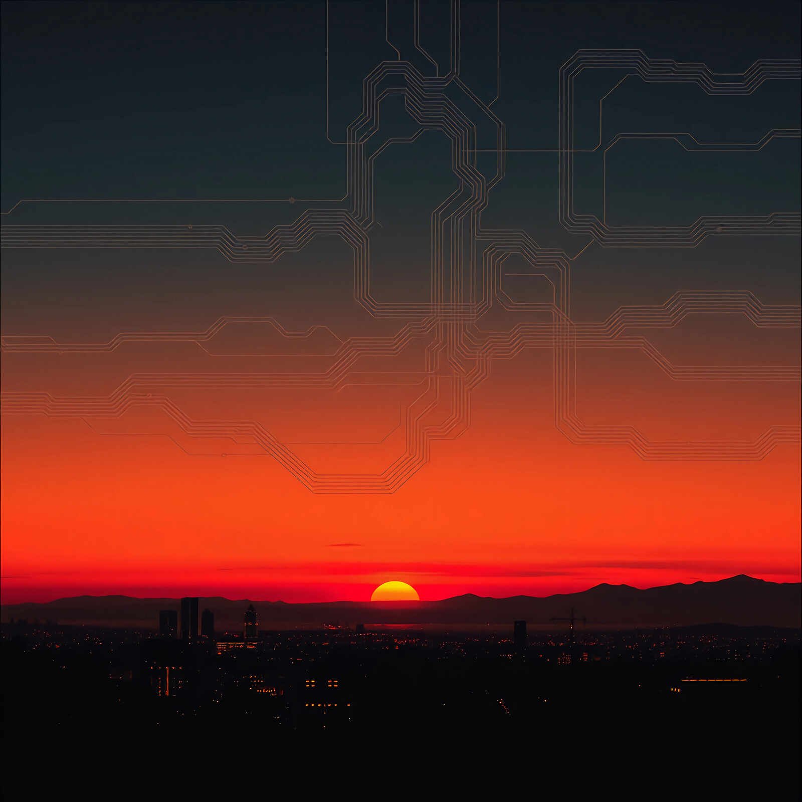 Vibrant sunset over the city skyline with intricate circuit patterns blending technology and nature