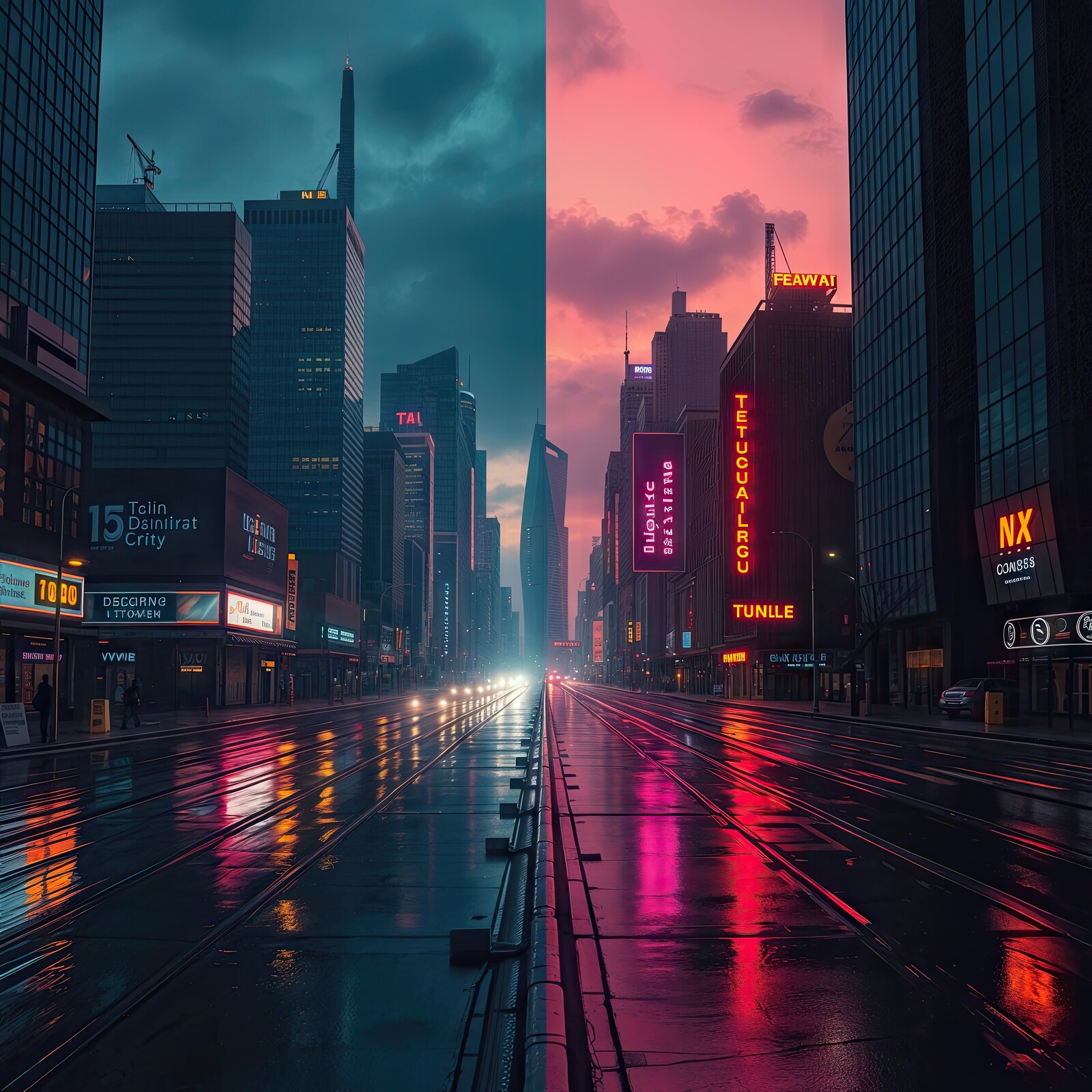 City skyline split between twilight serenity and vibrant night glow in urban setting