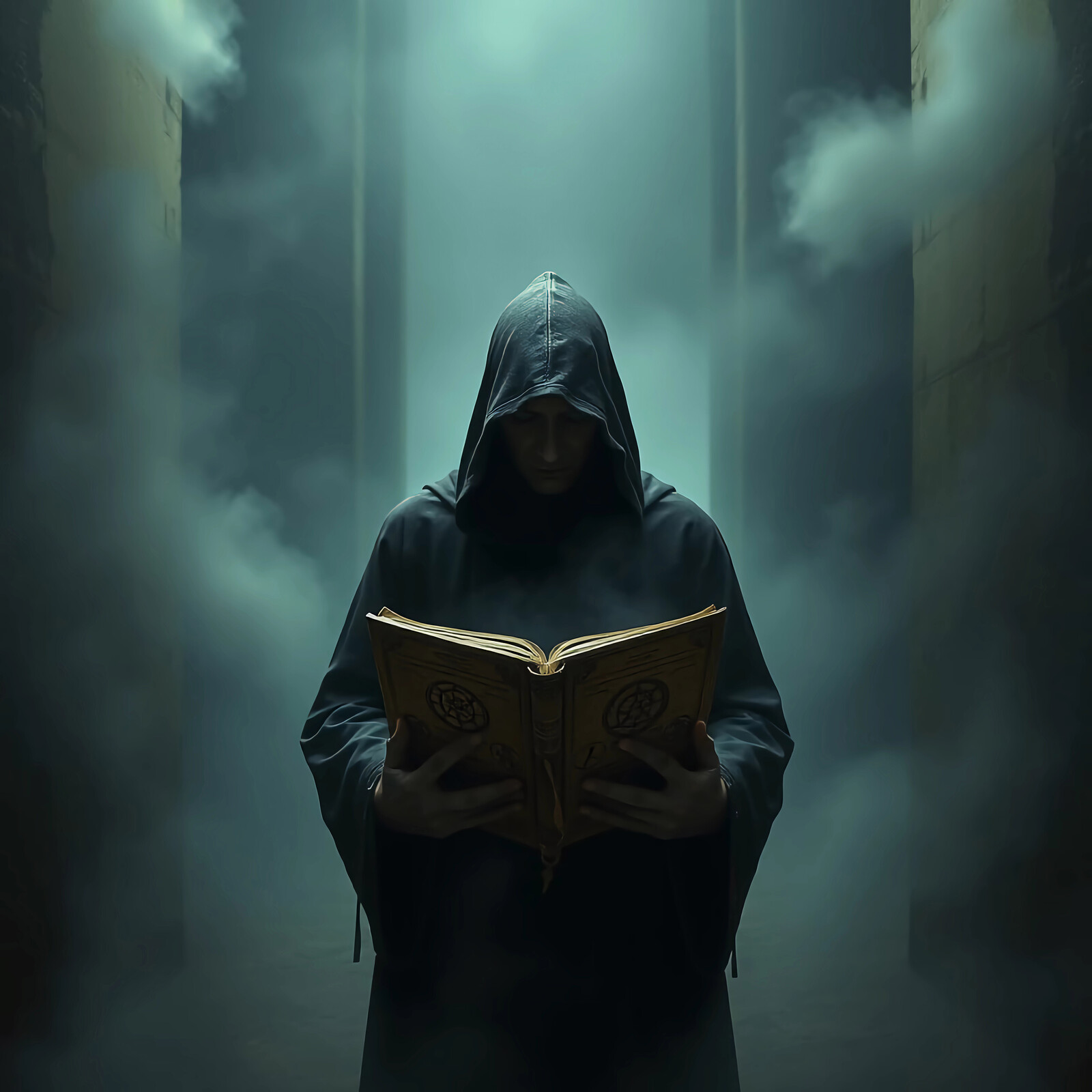 Cloaked mage reading a mysterious book in a misty ancient corridor during twilight