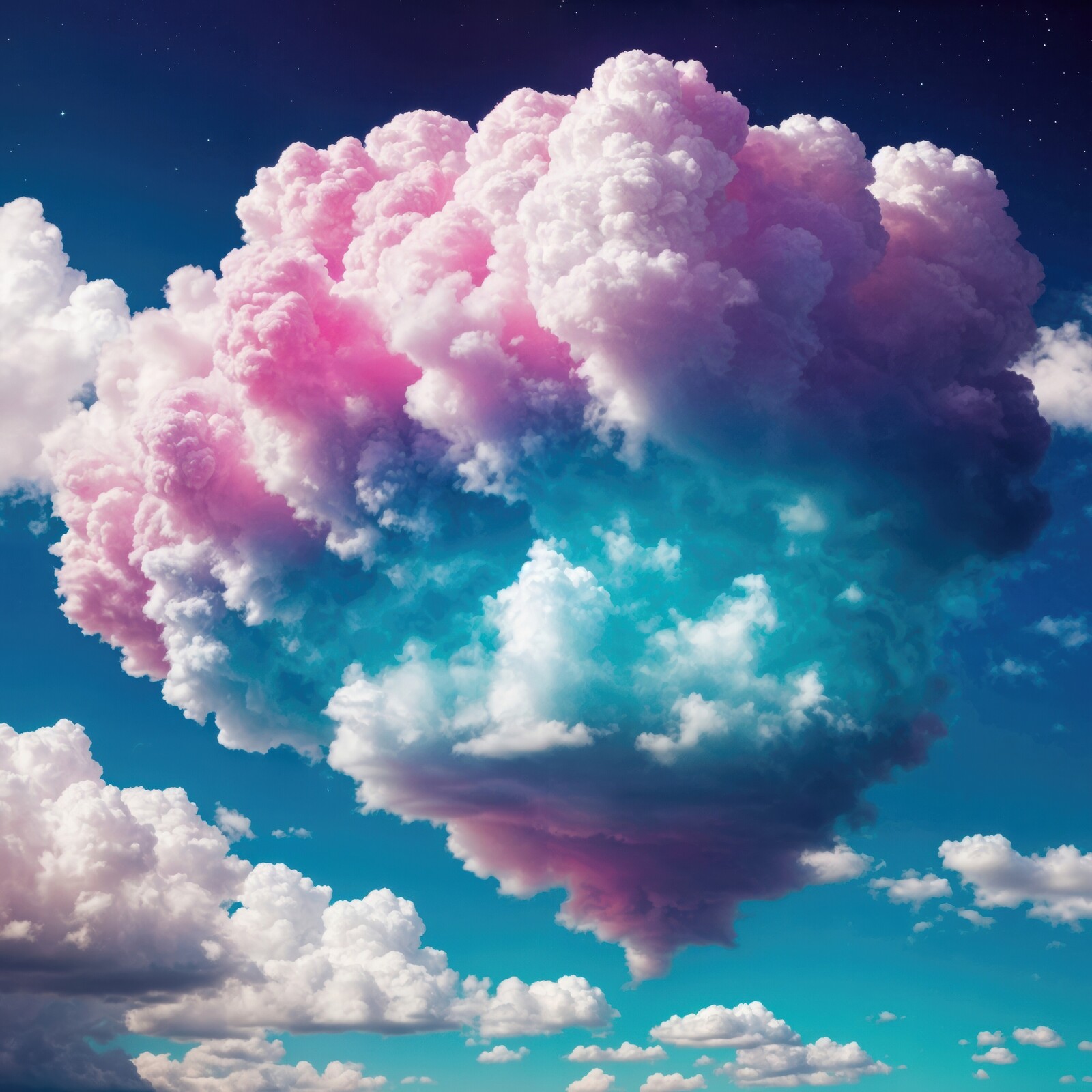 Majestic cloud formation displays vibrant colors in the evening sky over a tranquil landscape