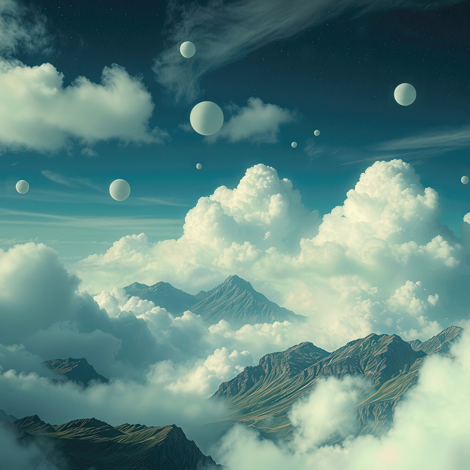 Clouds dance in a surreal sky filled with floating orbs above majestic mountain peaks at dusk