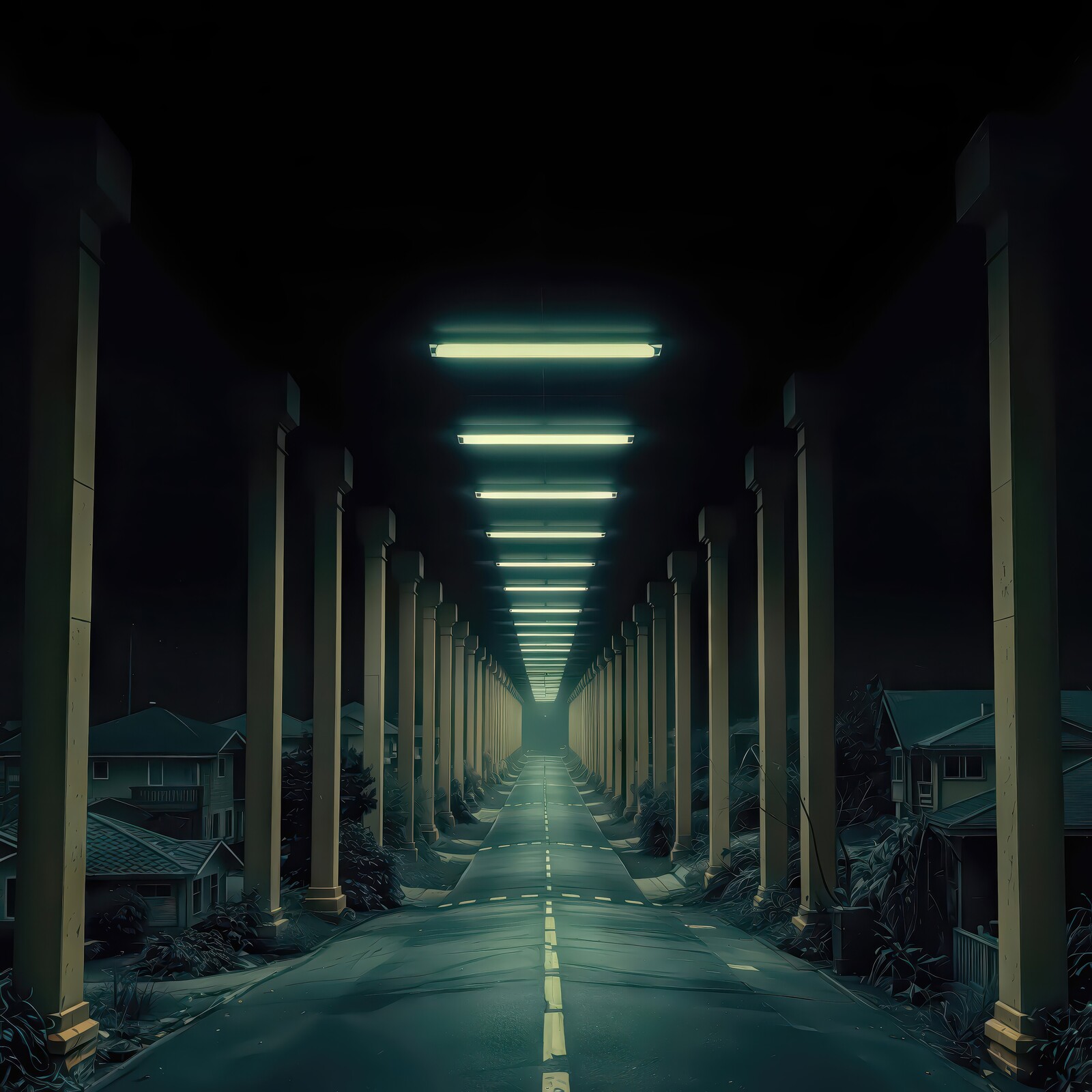Mysterious corridor illuminated by eerie lights casts an enchanting spell at midnight in an abandoned neighborhood setting