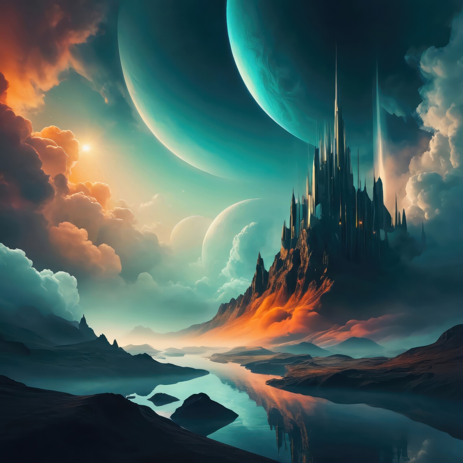 Mystical fantasy castle rises above a tranquil river under vibrant cosmic skies