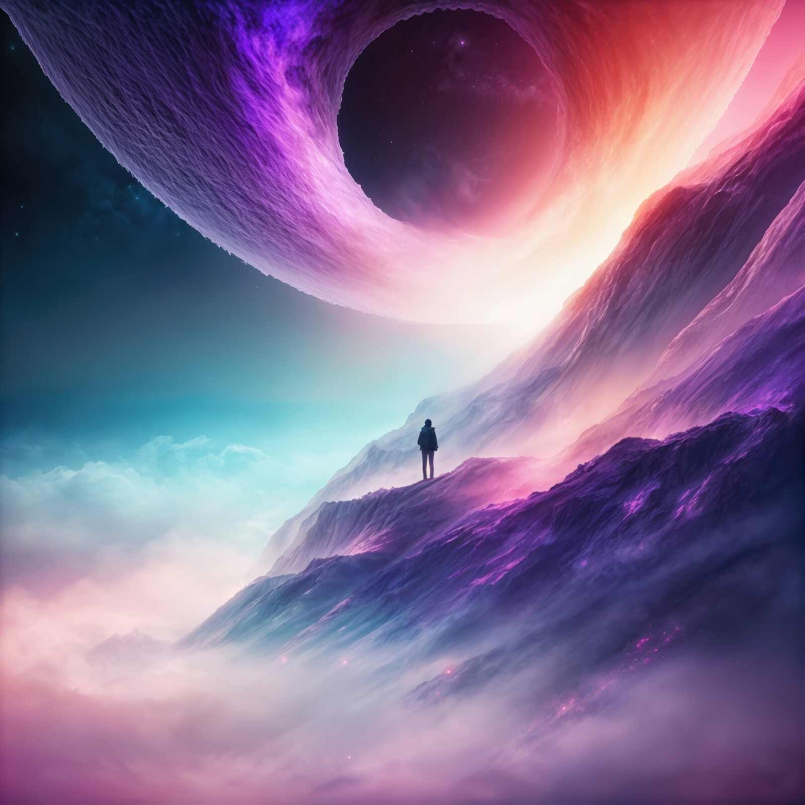 Cosmic sci-fi journey through ethereal landscapes under the swirling void