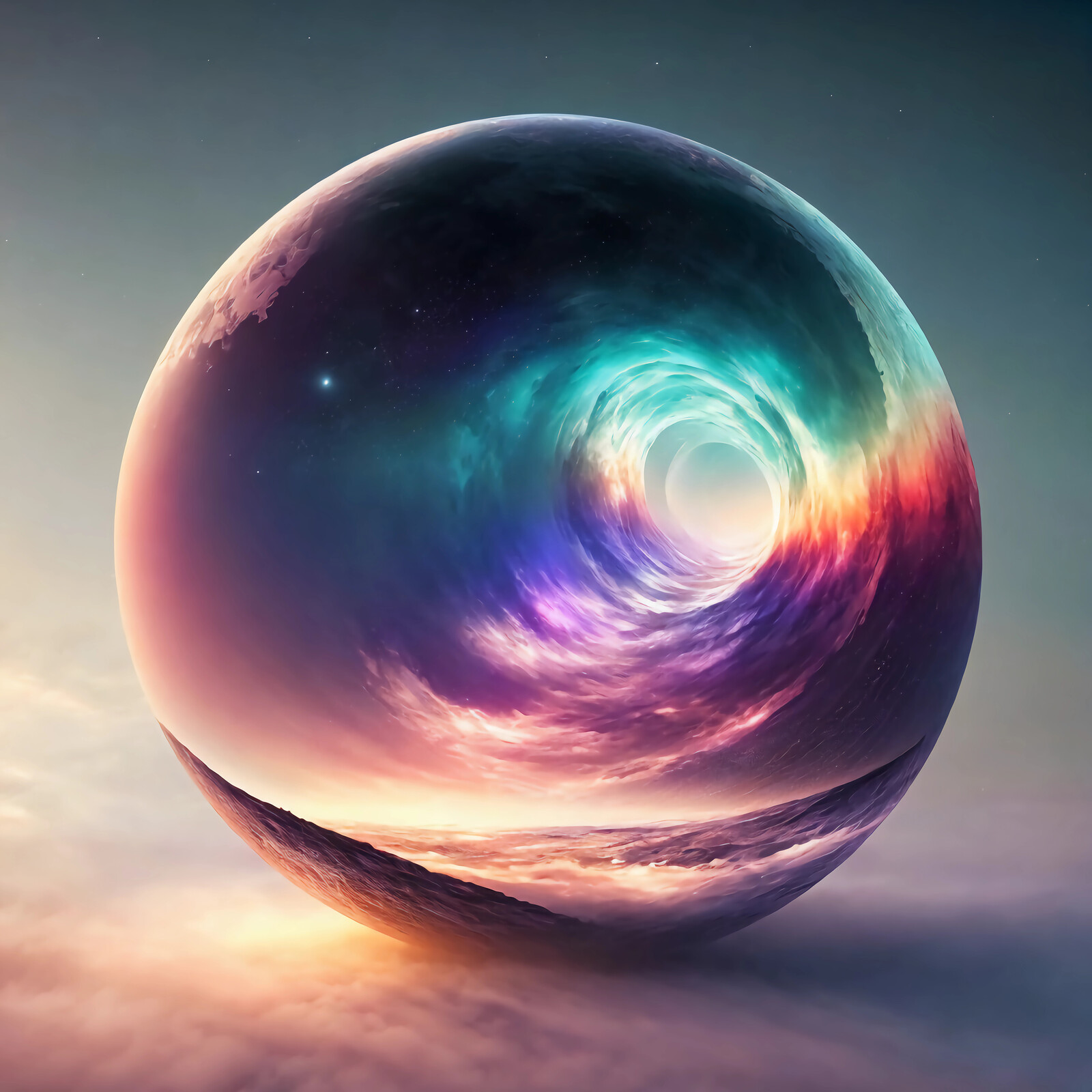 Mystical cosmic orb reflects vibrant colors and swirling galaxies in a surreal landscape at dawn