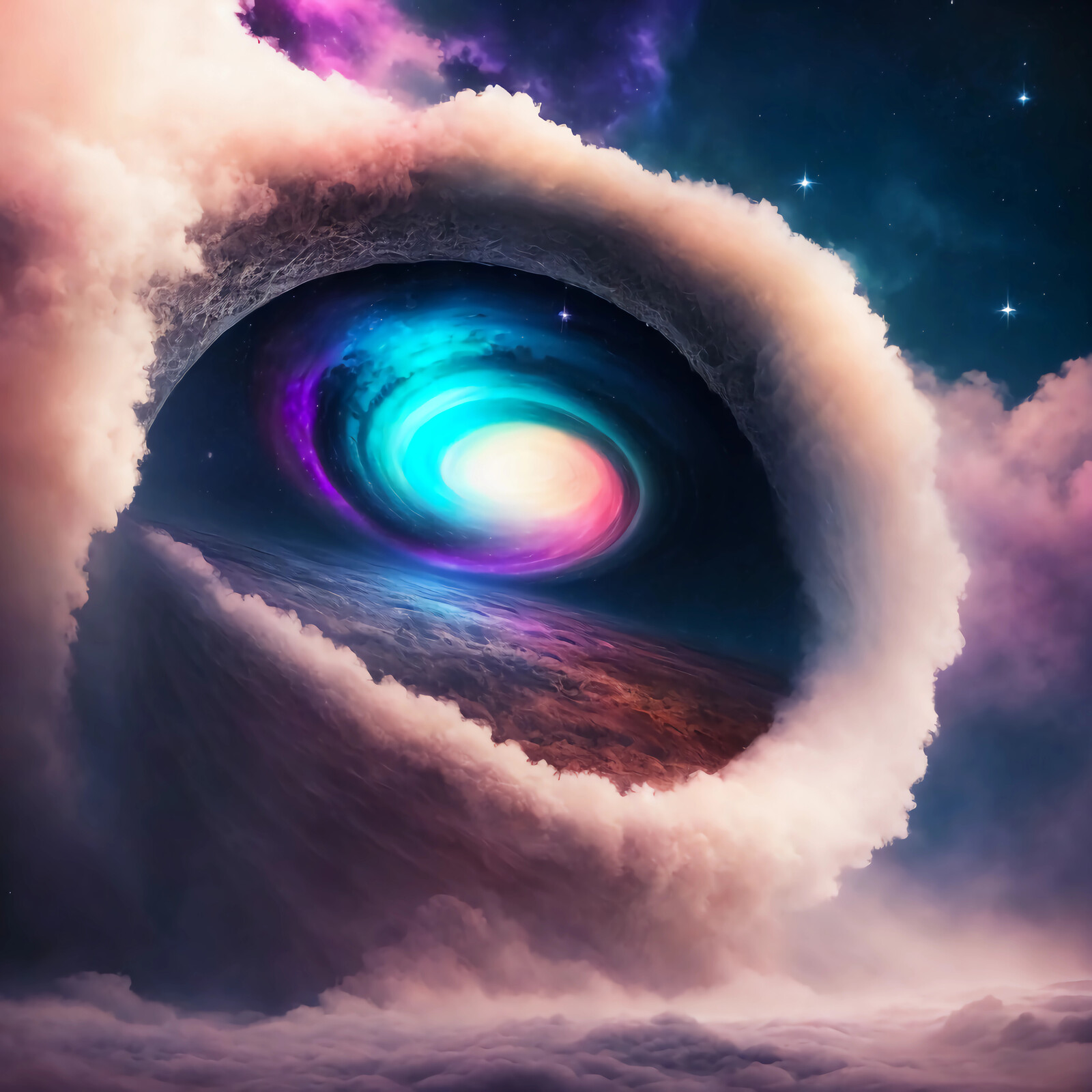 Cosmic portal reveals a vibrant galaxy beyond swirling clouds in a surreal celestial landscape