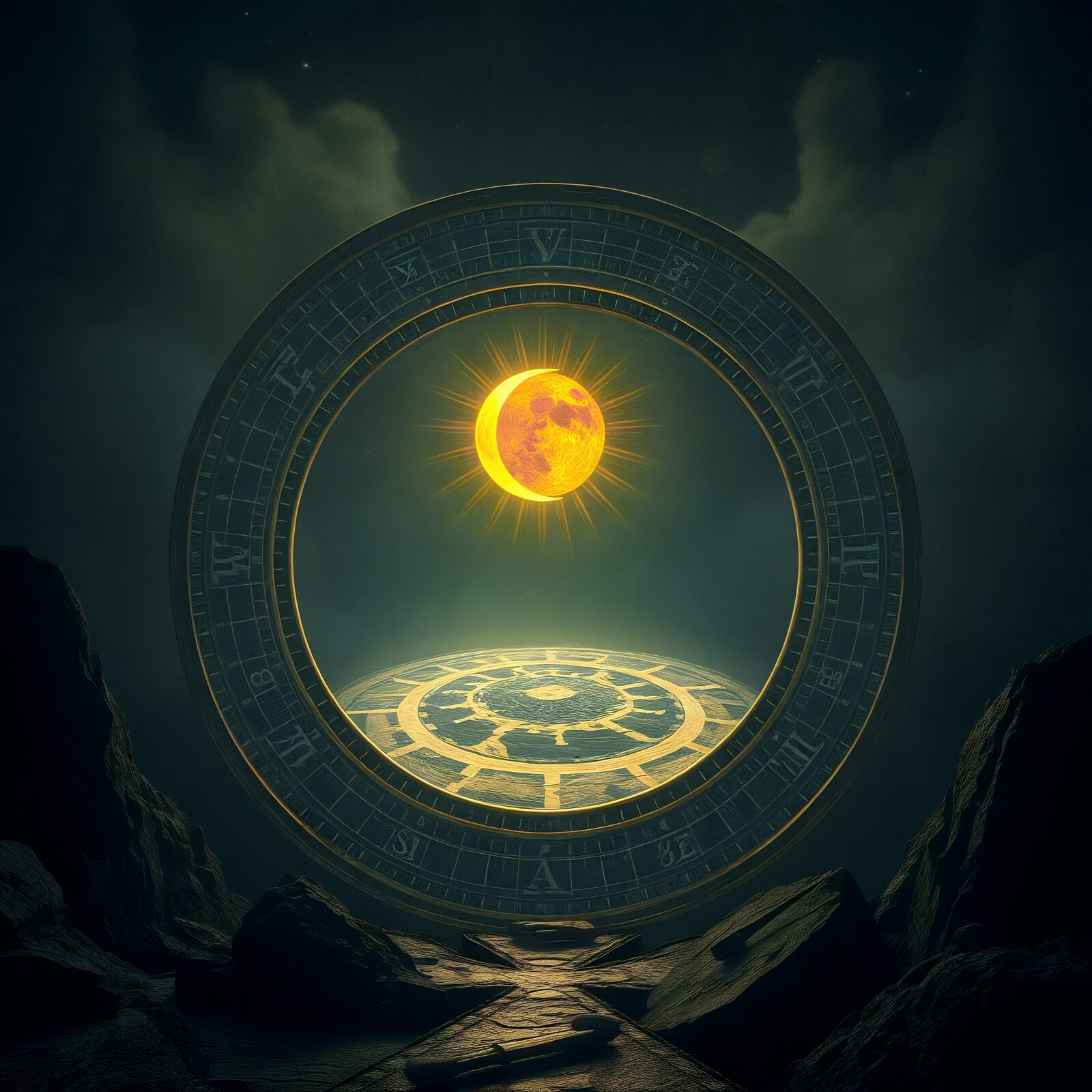 Cosmic portal revealing a surreal sun and moon alignment in an otherworldly landscape at twilight