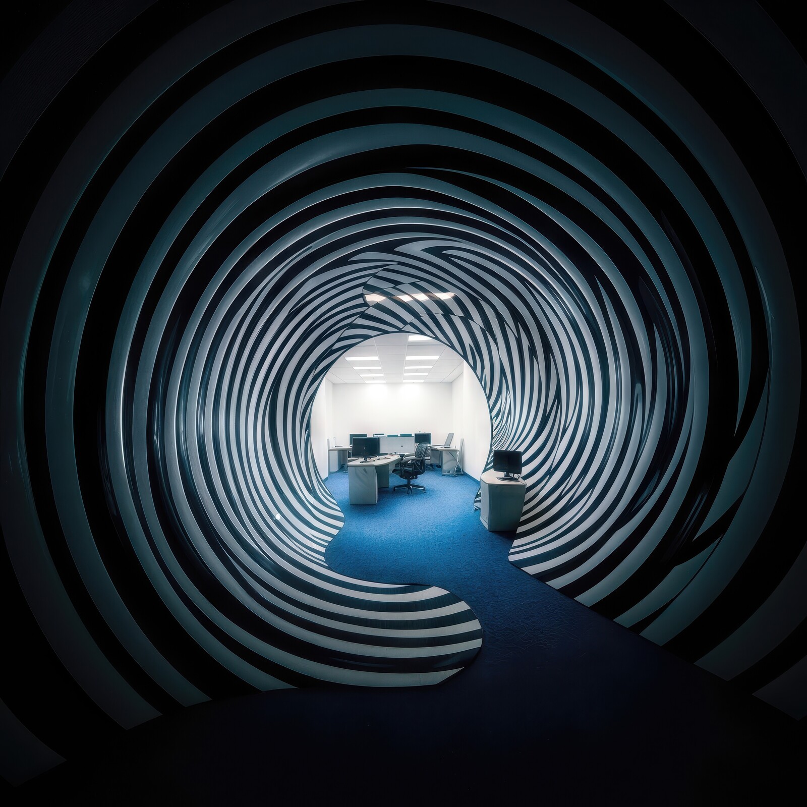 Creative liminal office interior featuring a mesmerizing striped tunnel design in a modern workspace