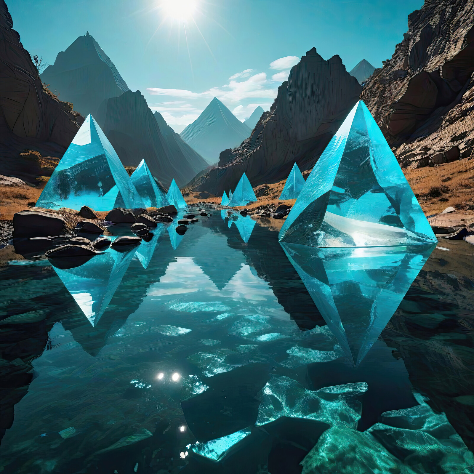 Reflective blue crystal pyramids emerge from a tranquil mountain lake under a bright sun