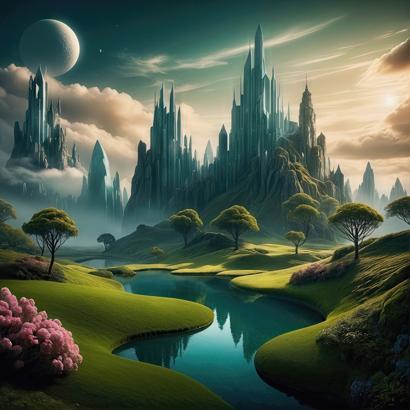 Majestic crystalline spires encircled by tranquil water in an otherworldly landscape