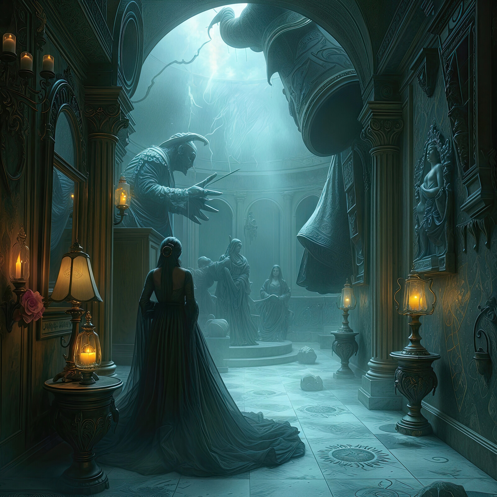 Mysterious woman in dark chamber surrounded by towering figures and flickering candlelight