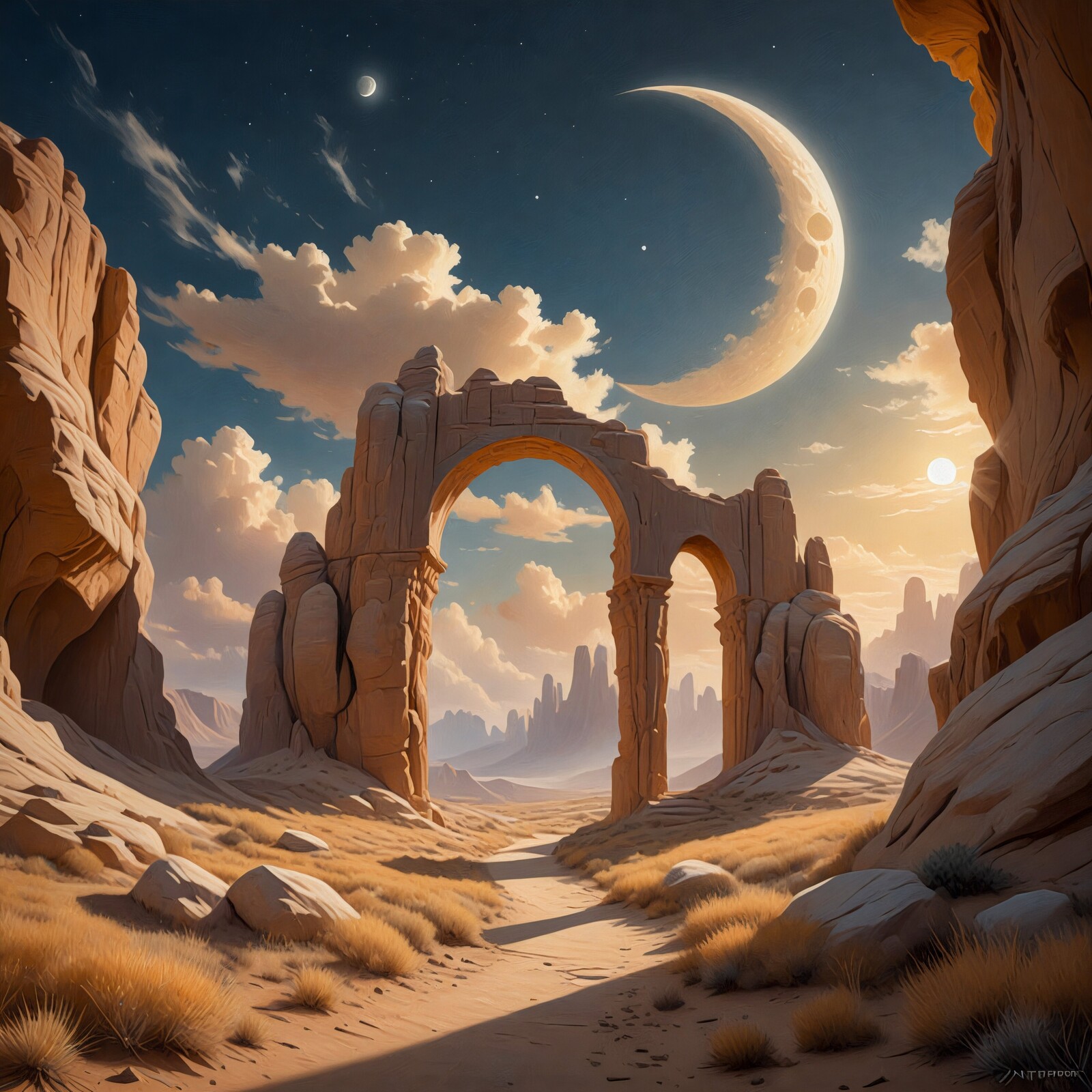 Majestic desert landscape with ancient arch and crescent moon at sunset