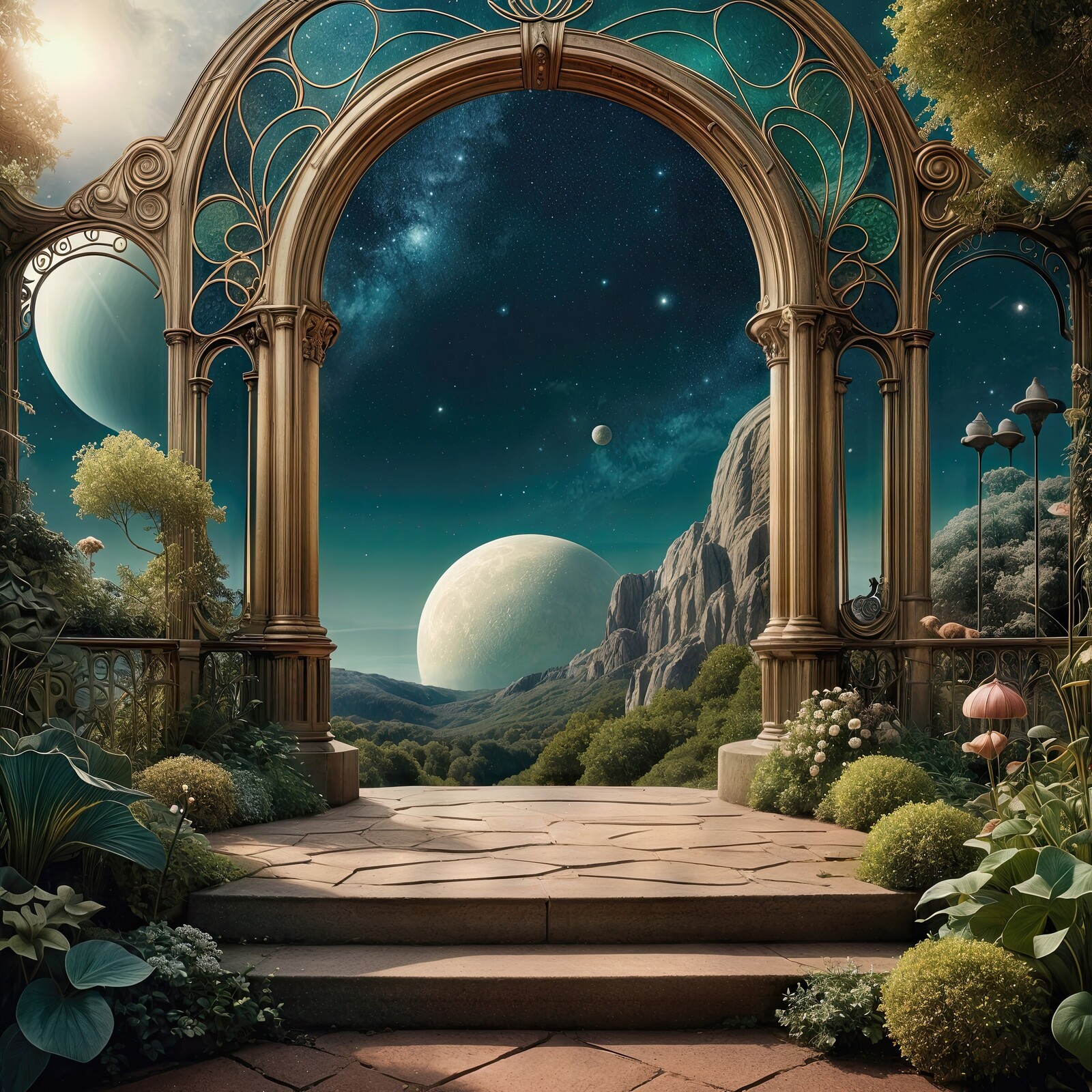 Explore a vivid dreamscape featuring celestial elements, ornate architecture, and lush greenery at twilight
