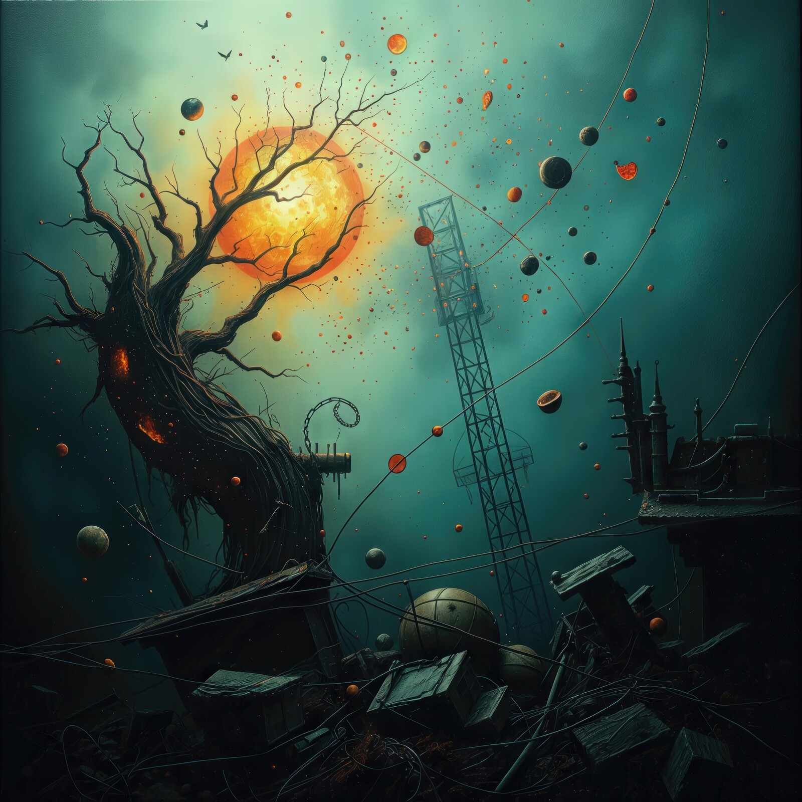 Imagining a dystopian world where cosmic elements intertwine with eerie remnants of a forgotten civilization