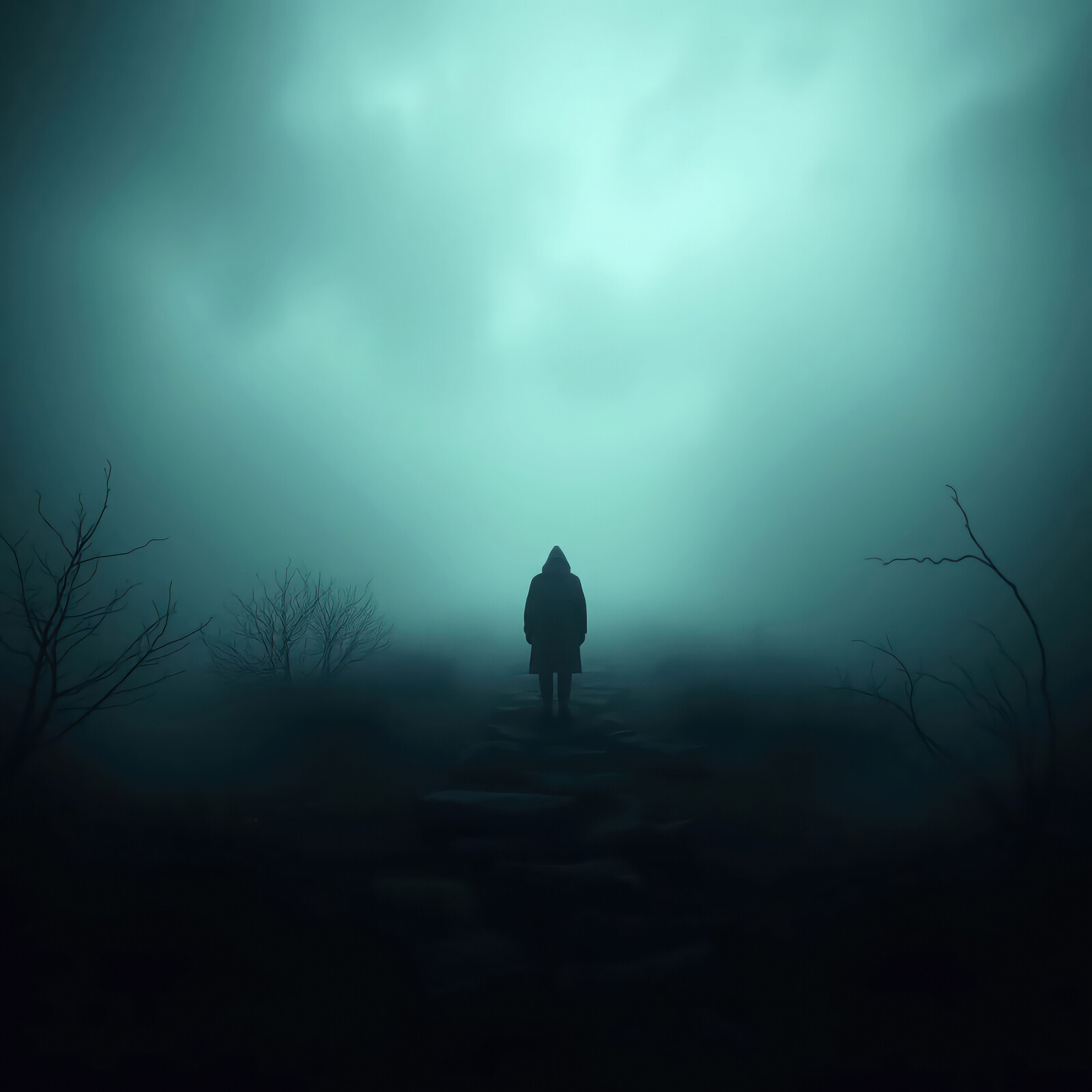 Eerie figure wandering through dense misty landscape at twilight