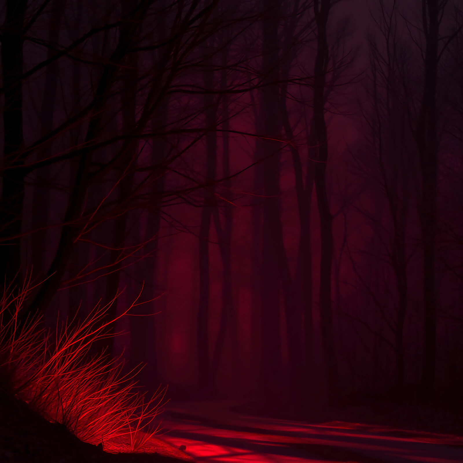 Eerie mist envelops a dark forest with crimson hues during twilight