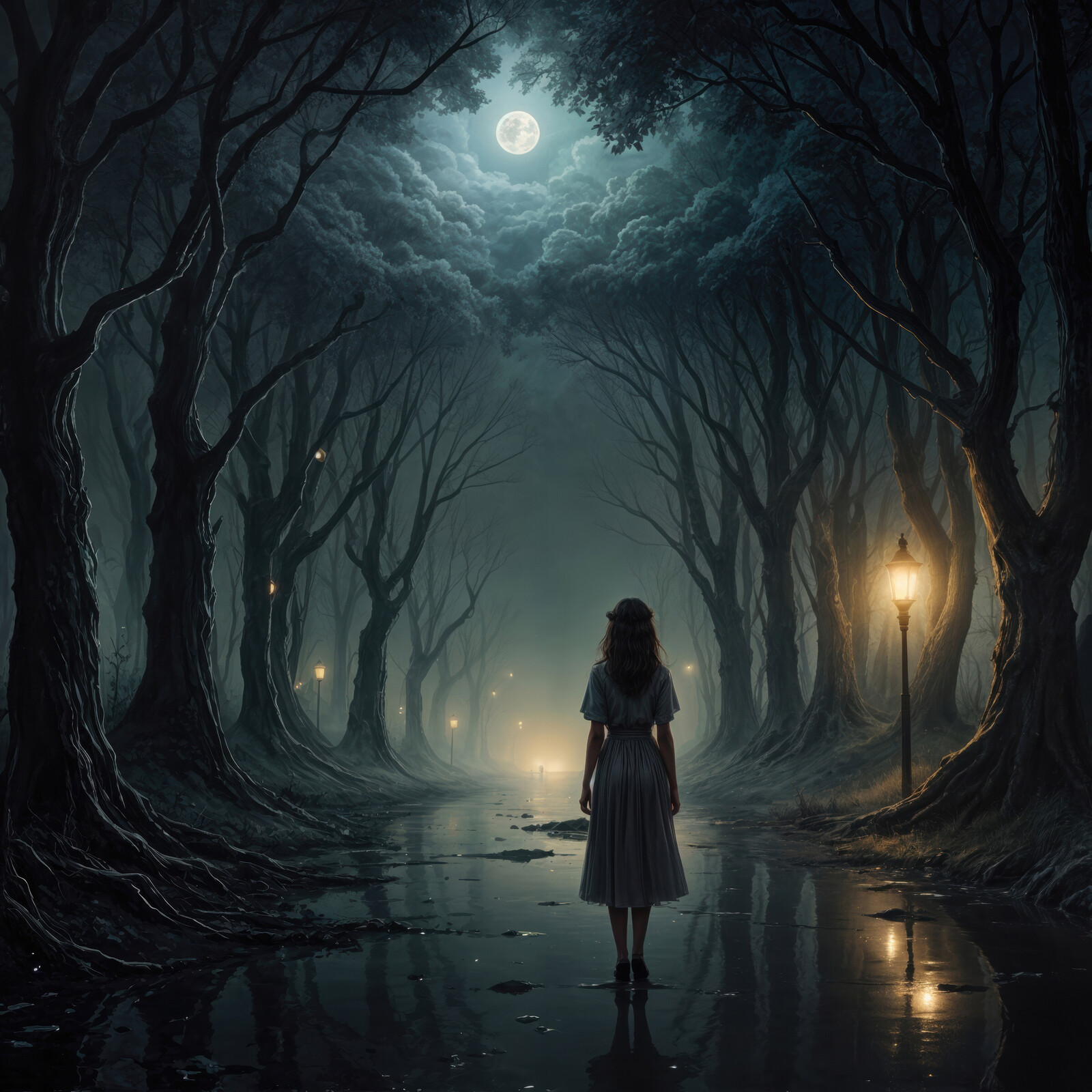 Eerie moonlit pathway where a girl in white wanders amidst dark, shadowy trees at night