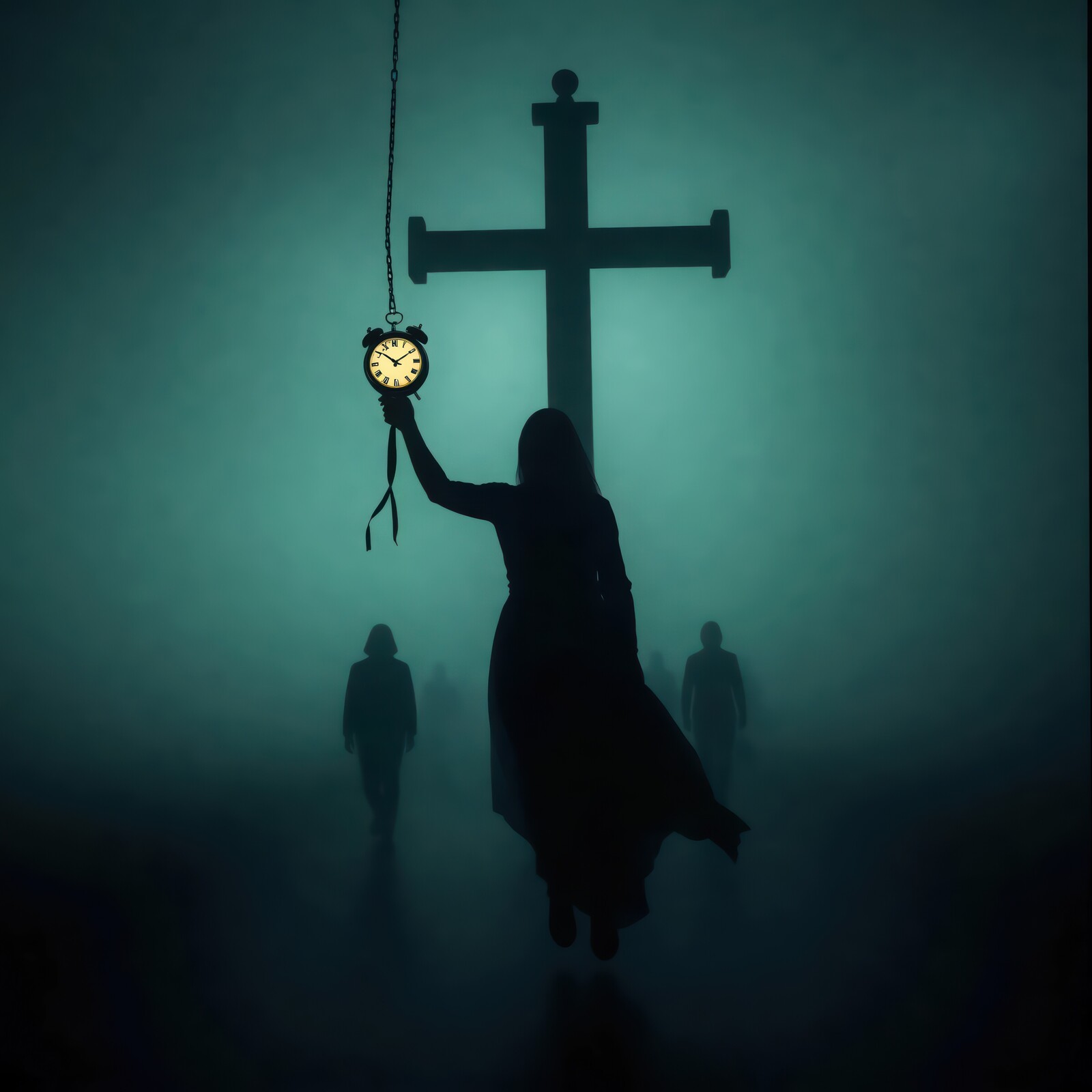 Eerie silhouette of a figure holding a clock amidst fog and a looming cross at dusk