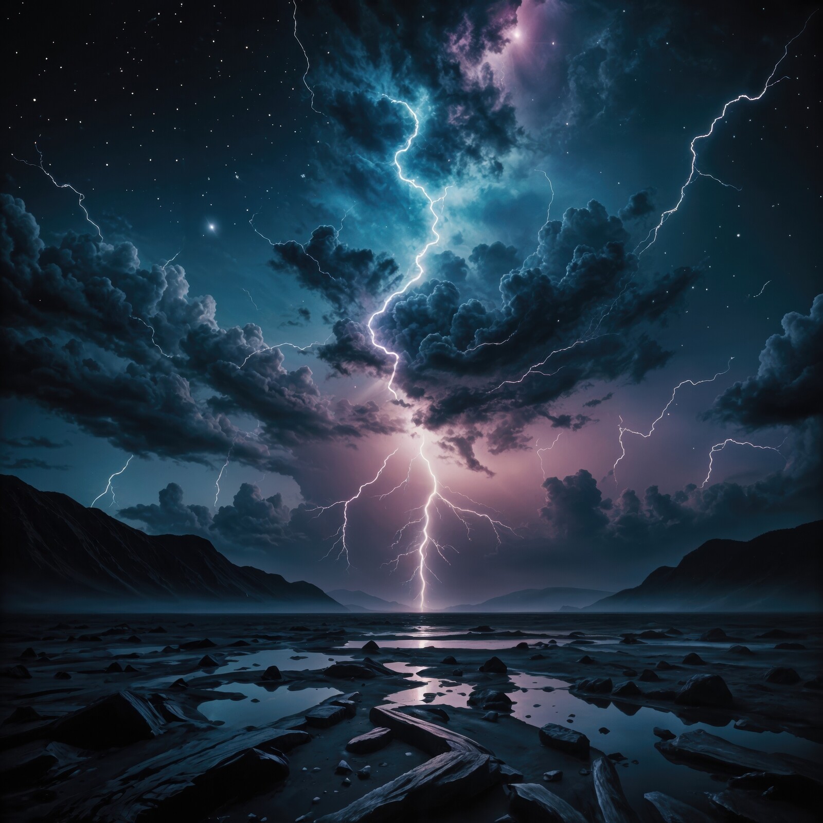 Electric storm ignites the night sky over a tranquil lake surrounded by mountains