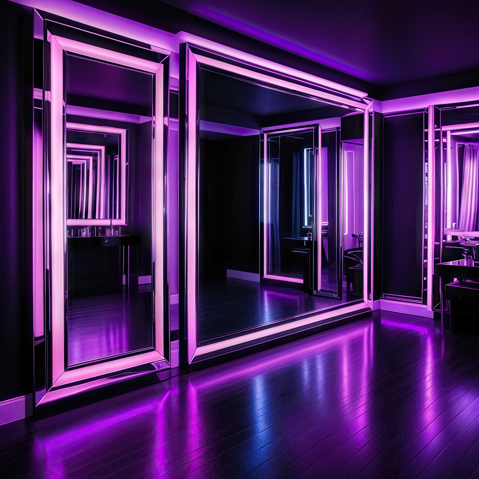 Elegant mirrored corridor with vibrant purple neon illumination creating a futuristic ambiance at night