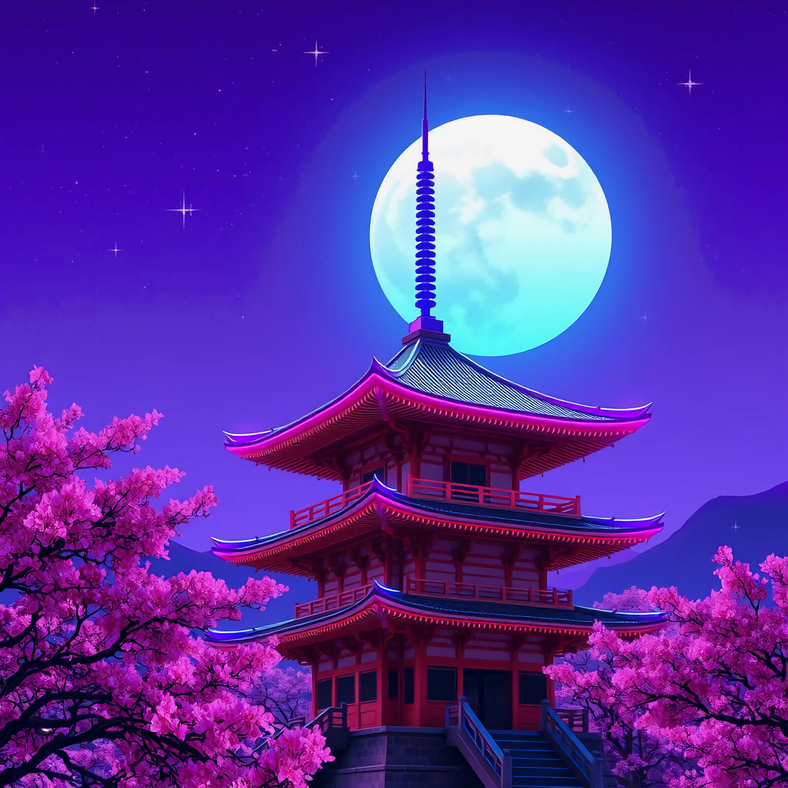 Elegant pagoda illuminated by a full moon, framed by cherry blossoms during twilight