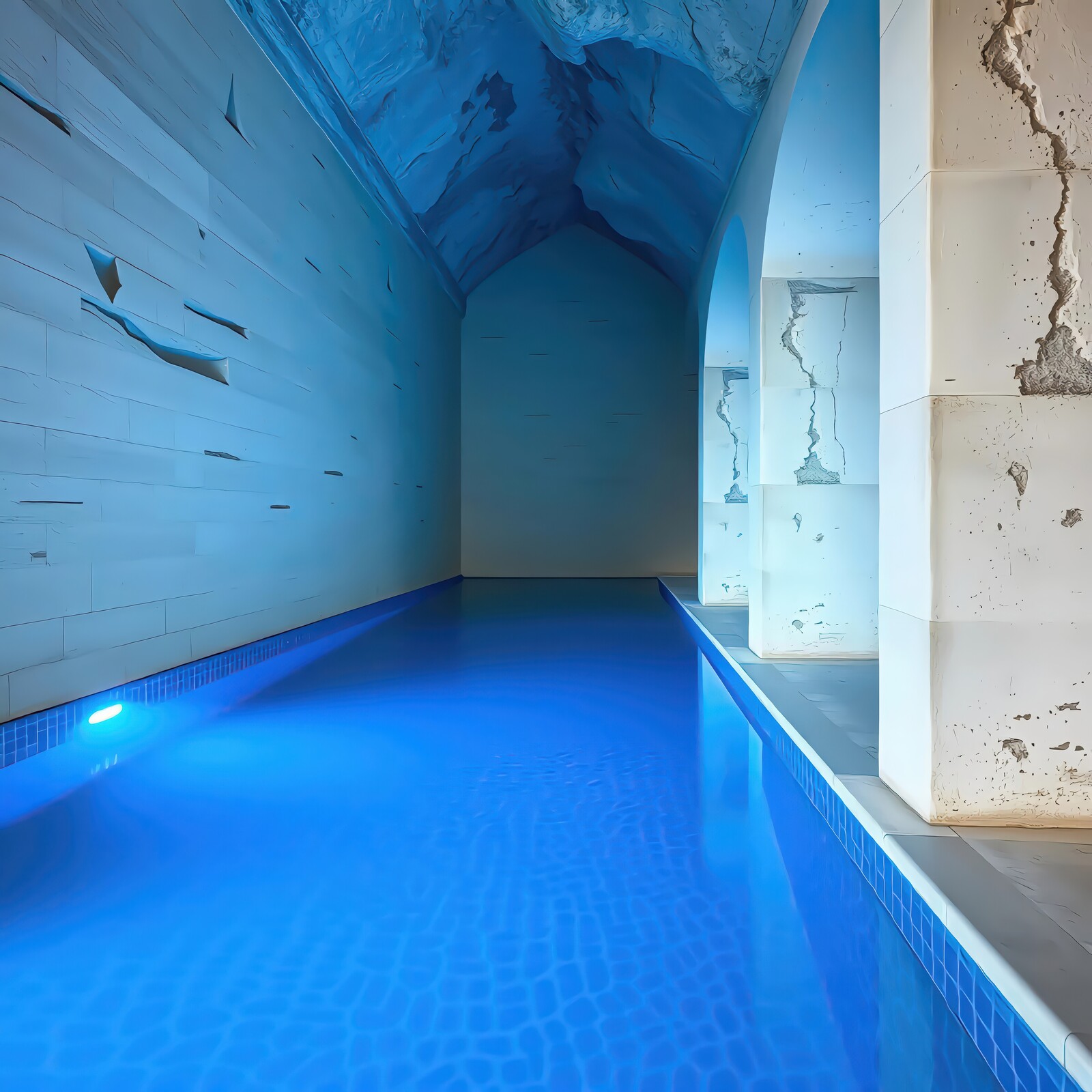 Serene luxury in an elegant underground pool with captivating blue waters and majestic stone architecture