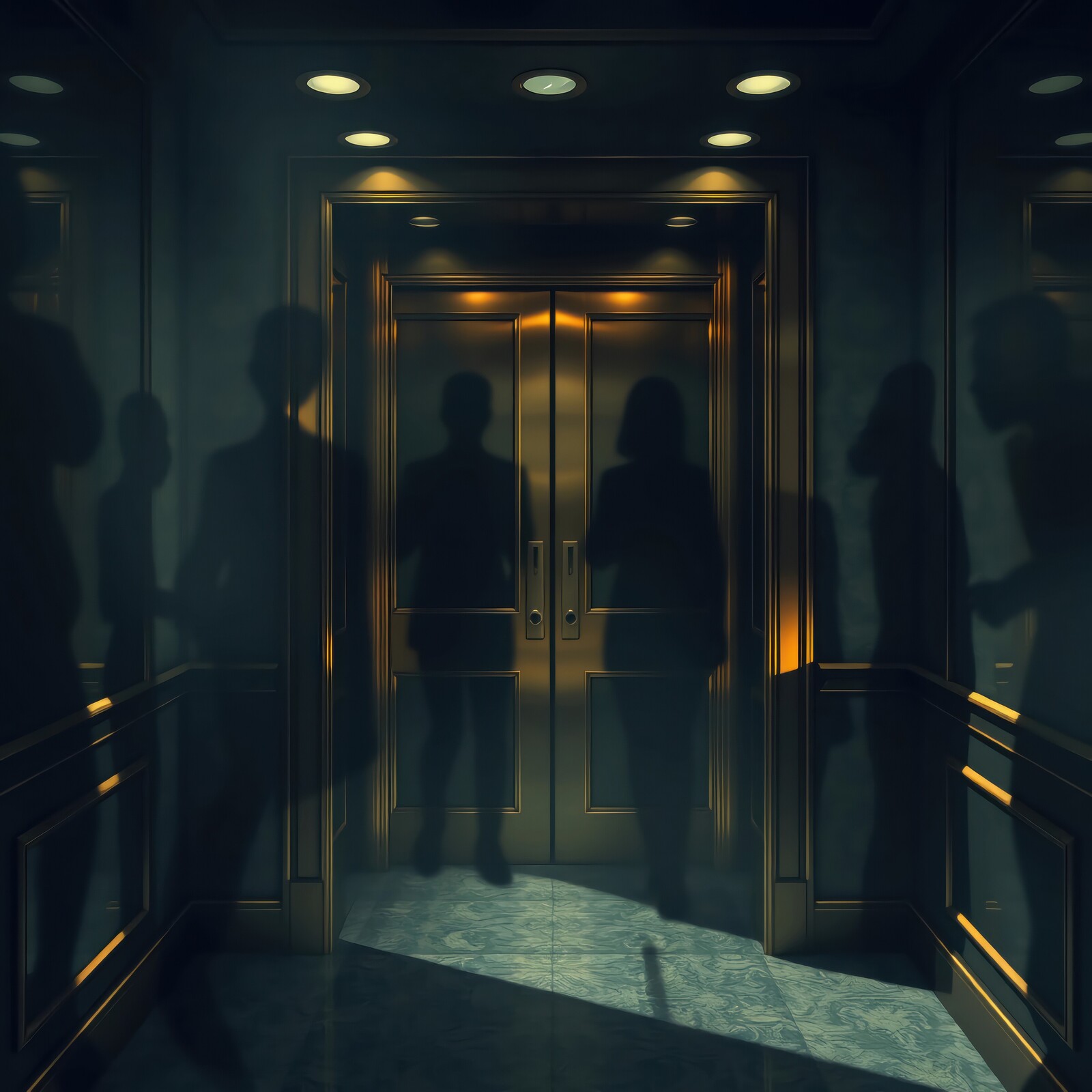 Shadows dance quietly in a luxurious elevator during a dim evening gathering