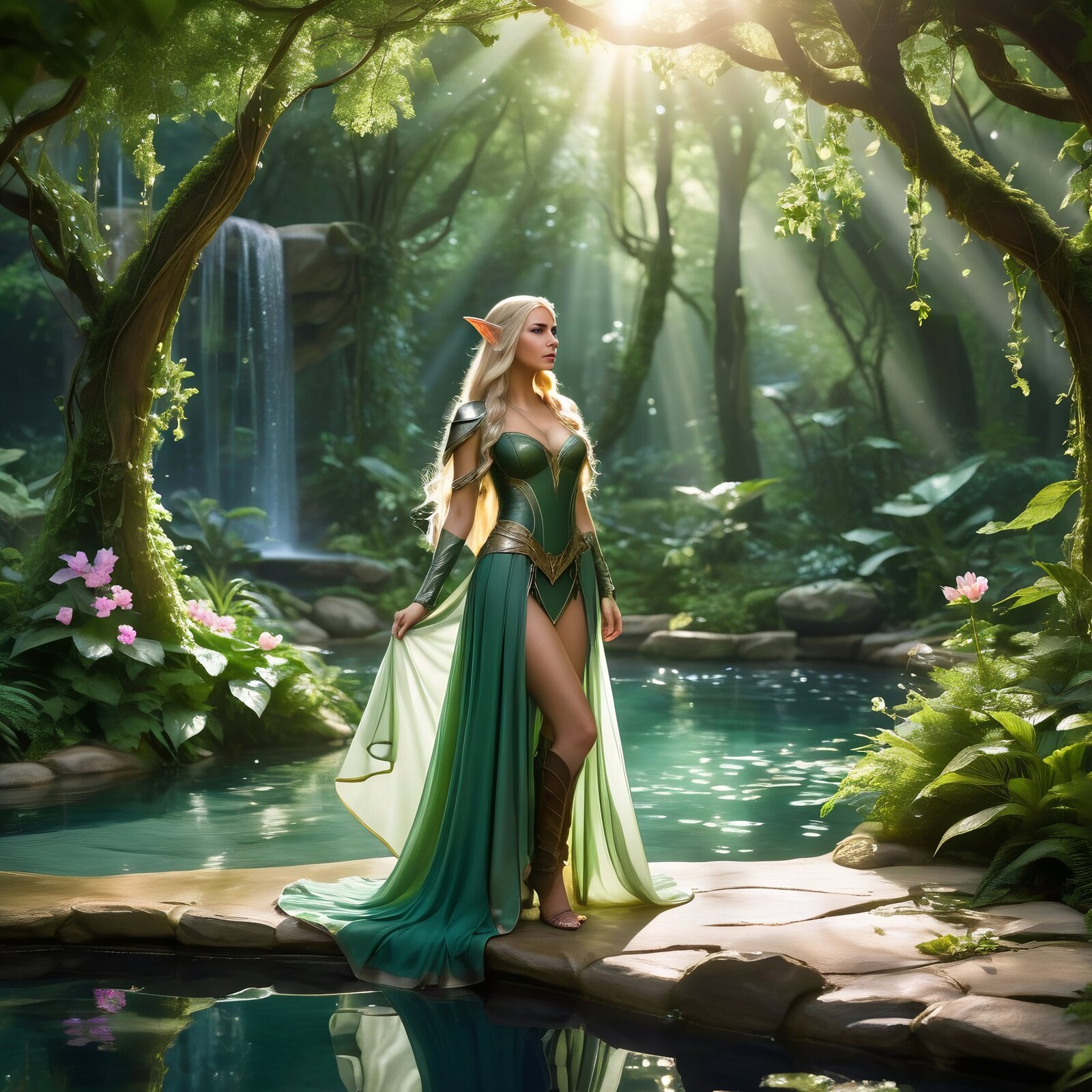 Enchanting elven warrior stands gracefully in a mystical forest at sunlit dawn