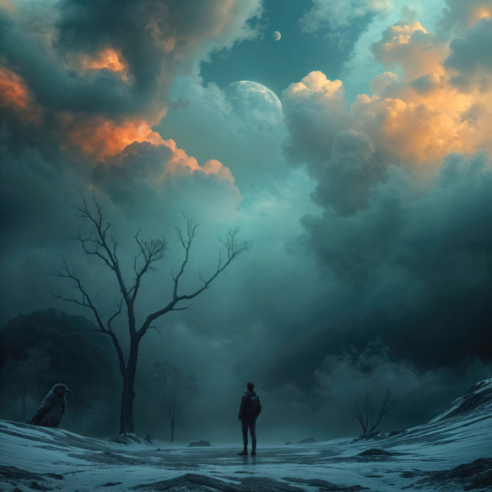 Embracing solitude under the celestial dance of twilight and shadow