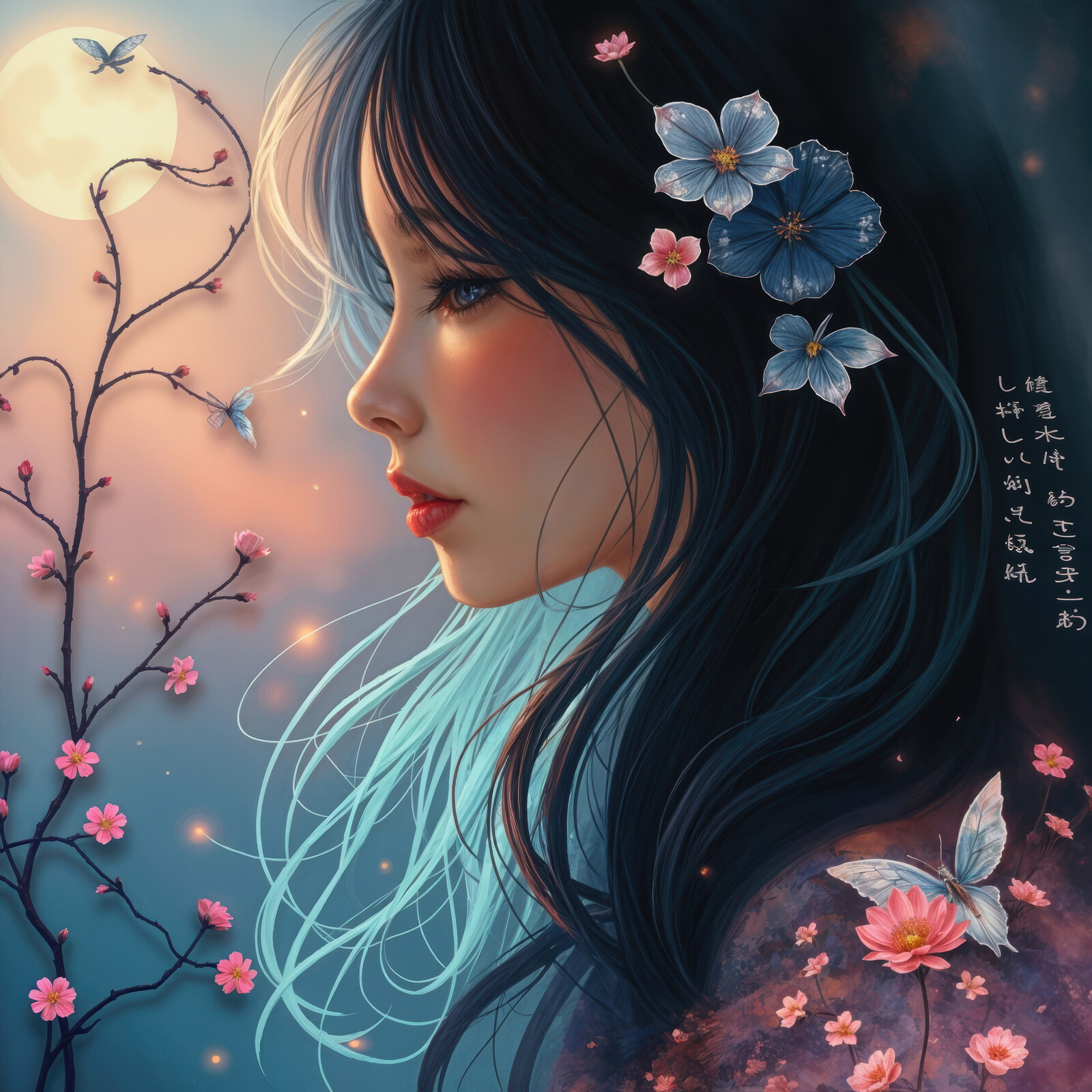Enchanted evening with blossoms and butterflies under a luminous moon