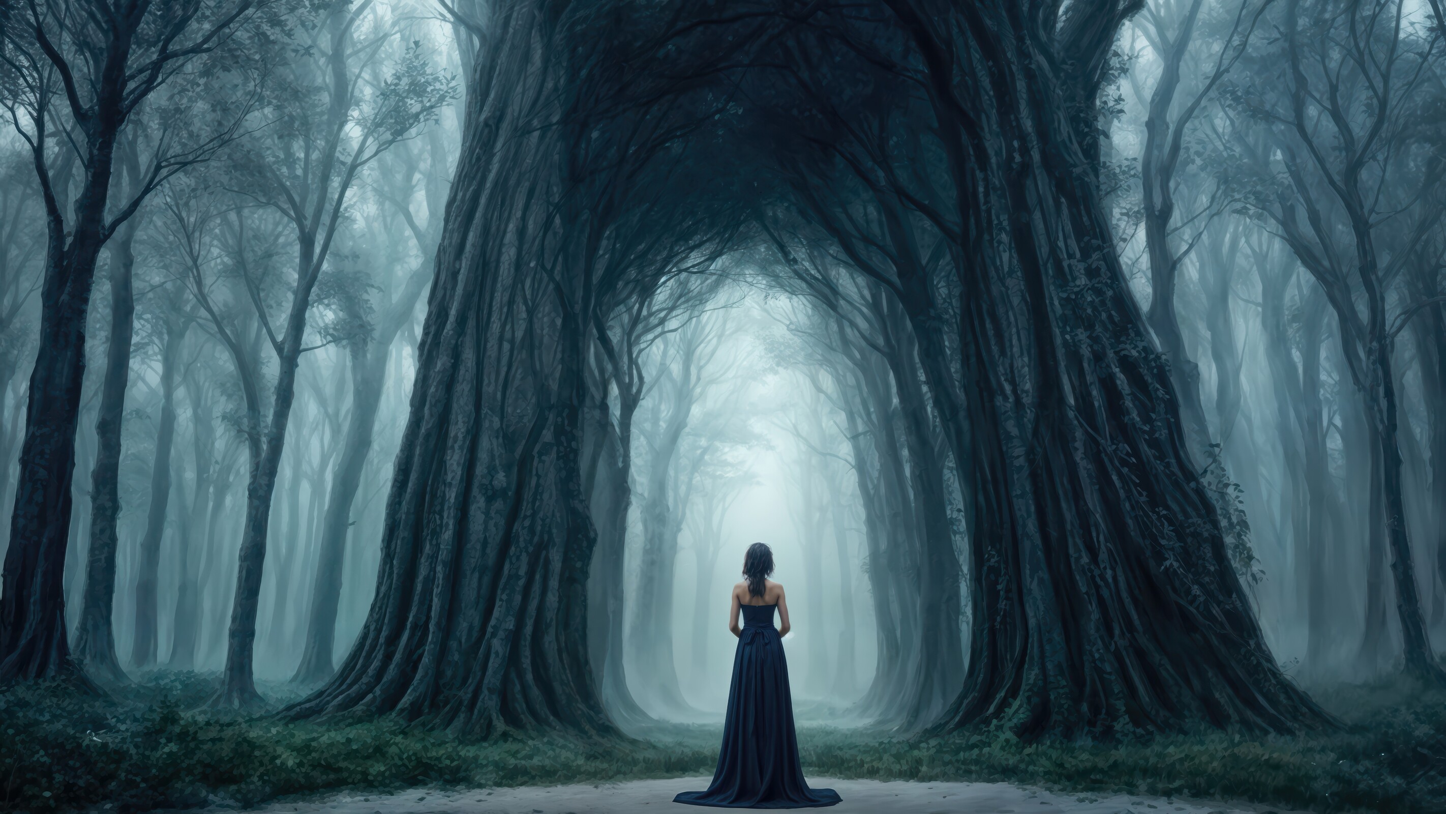 Mysterious figure stands alone in an ethereal forest under a misty twilight sky