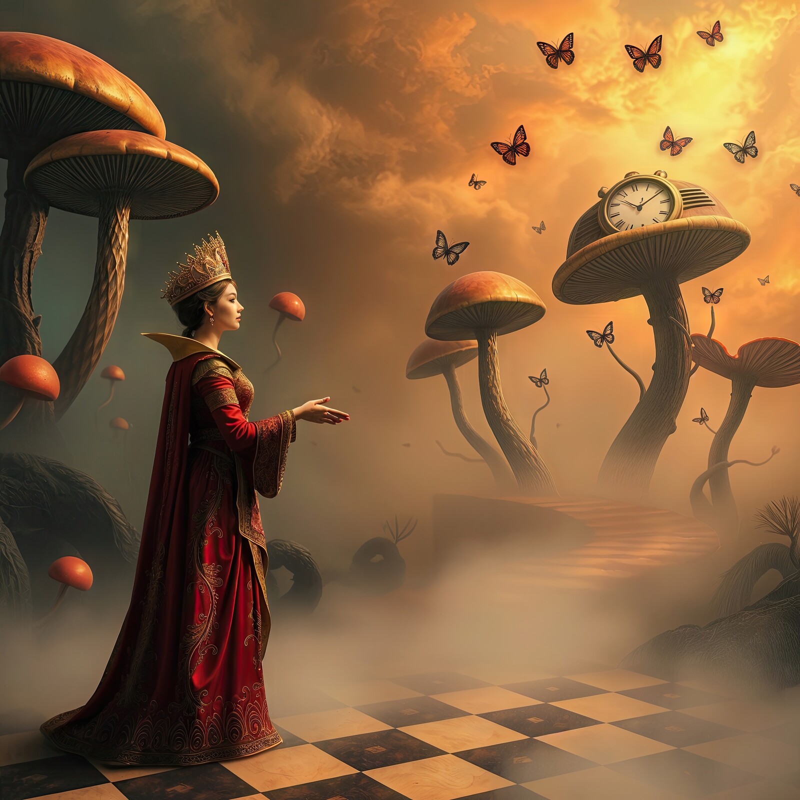 Enchanting queen in a mystical realm surrounded by floating butterflies and towering mushrooms